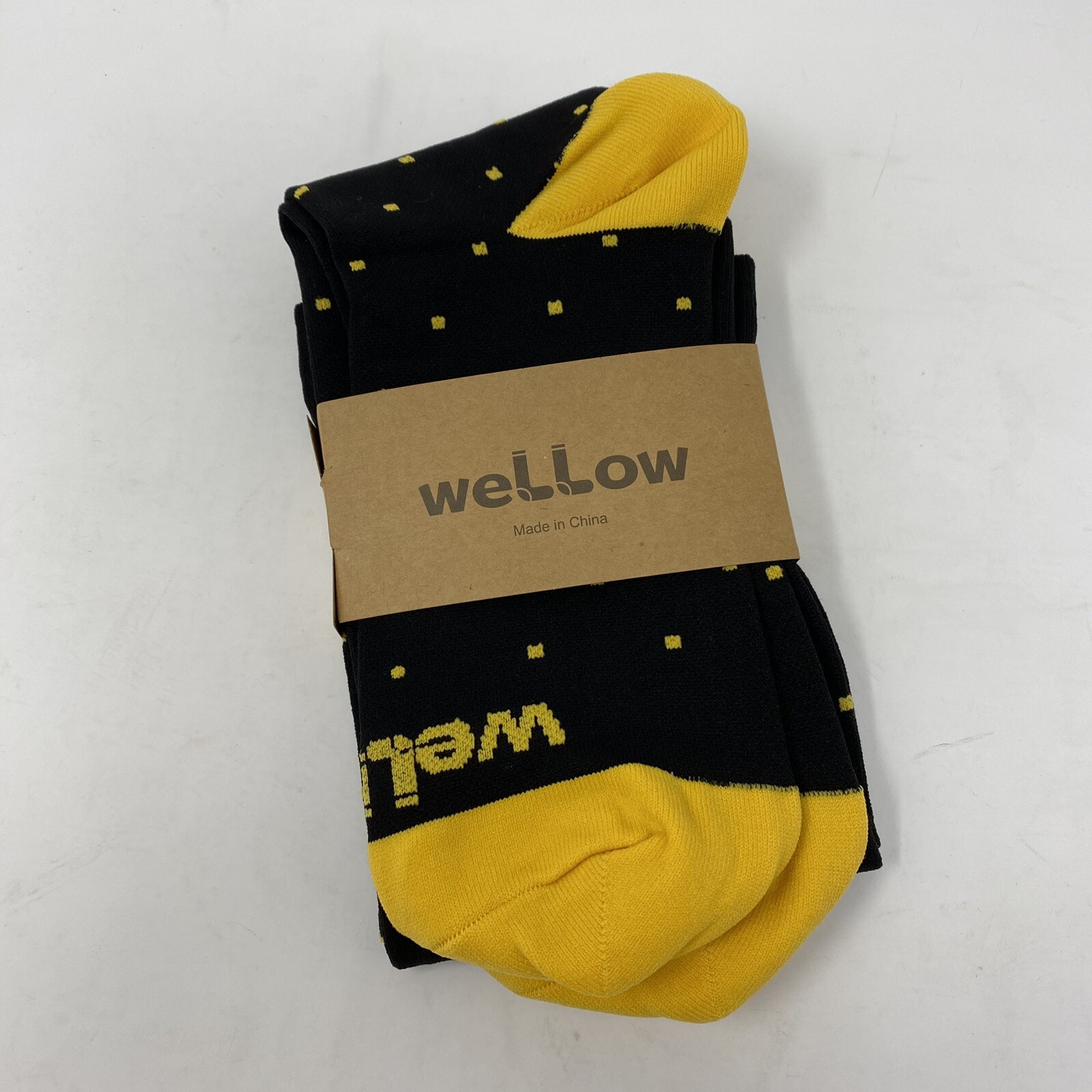 Wellow Bamboo Compression Socks L XL Black Yellow Dots Knee Length 18-25 mmHg