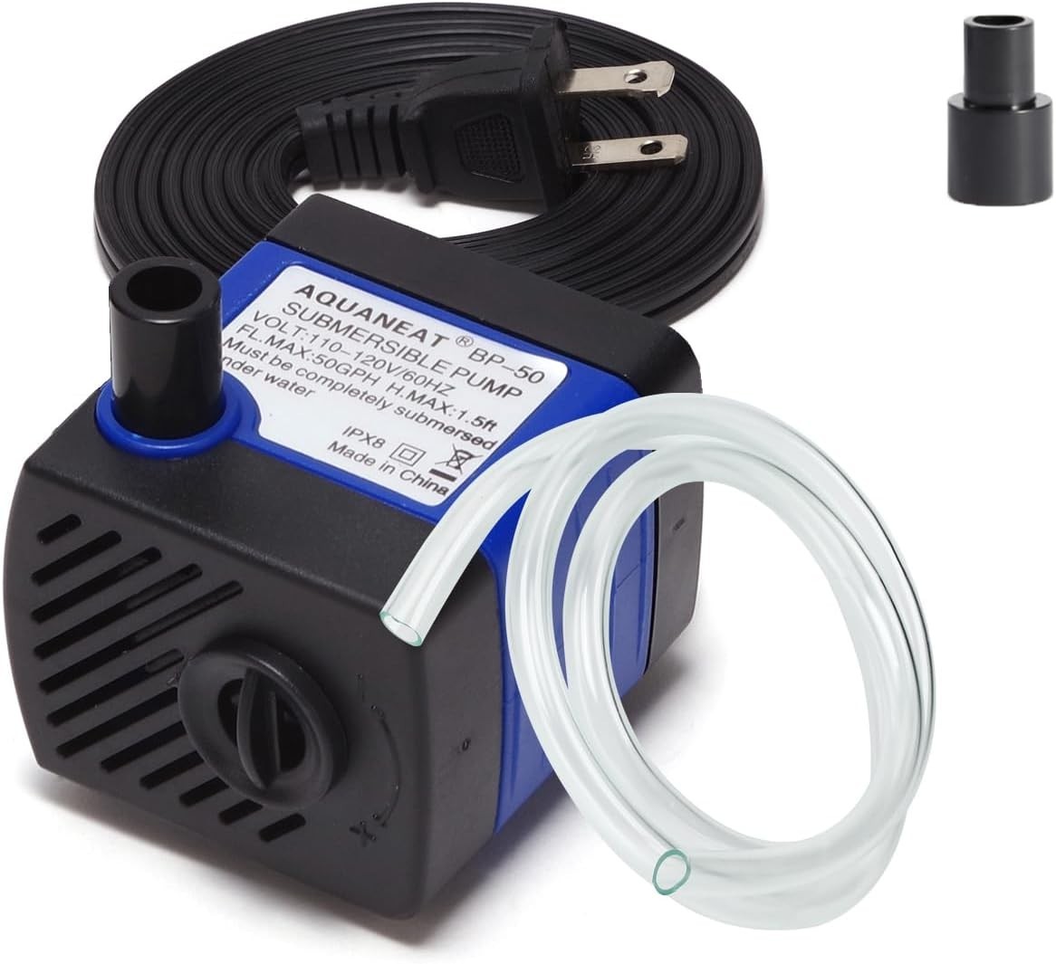 Small Fountain Pump, 50 GPH Mini Submersible Water Pump with 3.3 Ft Tubing, for
