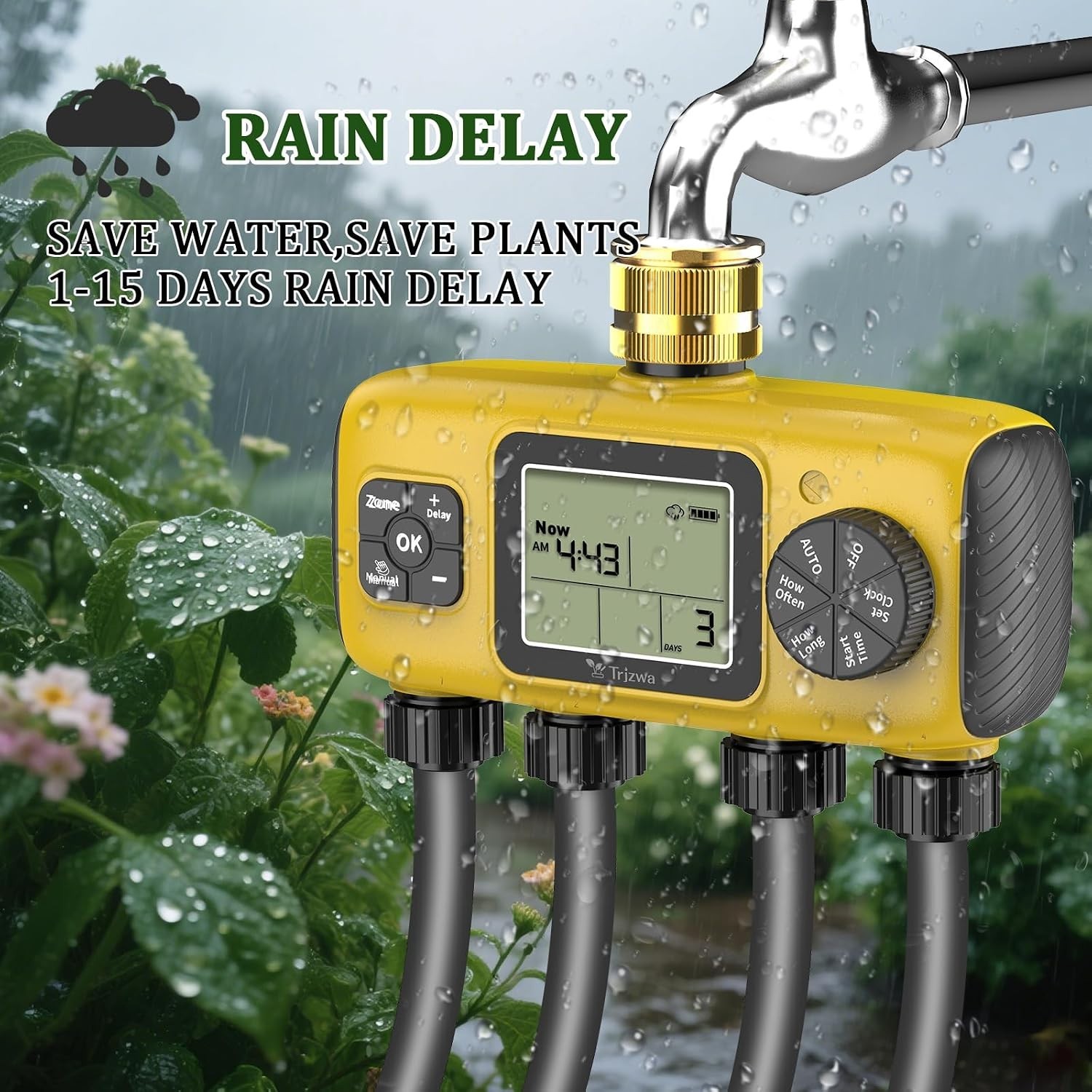4-Zone Programmable Digital Smart Water Timer w/ Brass Inlet, Rain Delay, Anti-R