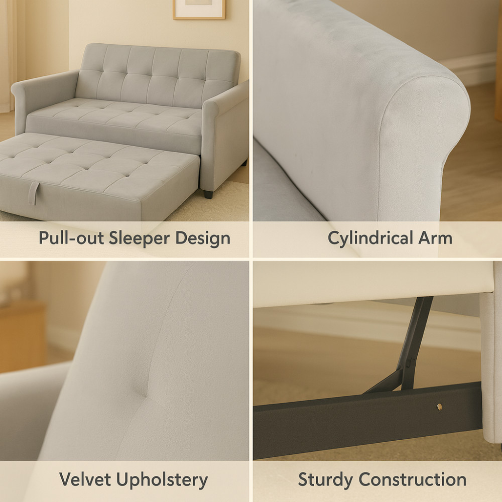 2-Seater Convertible Velvet Loveseat Gray Sofa Bed-Pull-Out,Side Pocket,Compact
