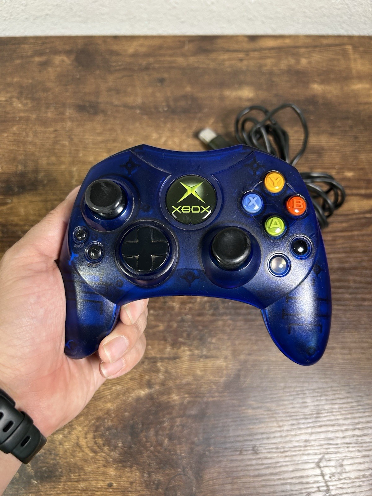 Original Xbox Controller S-Type Clear Blue Genuine OEM w/ Breakaway Cable TESTED
