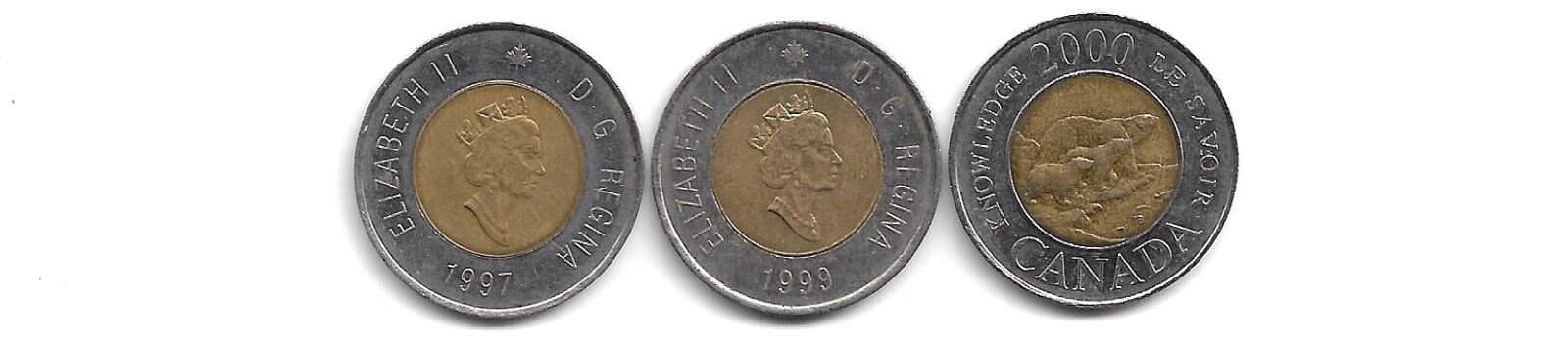 Lot of 3! Canada $2 Toonies 1997, 1999, 2000 Nunavut! Knowledge! Canadian Queen!