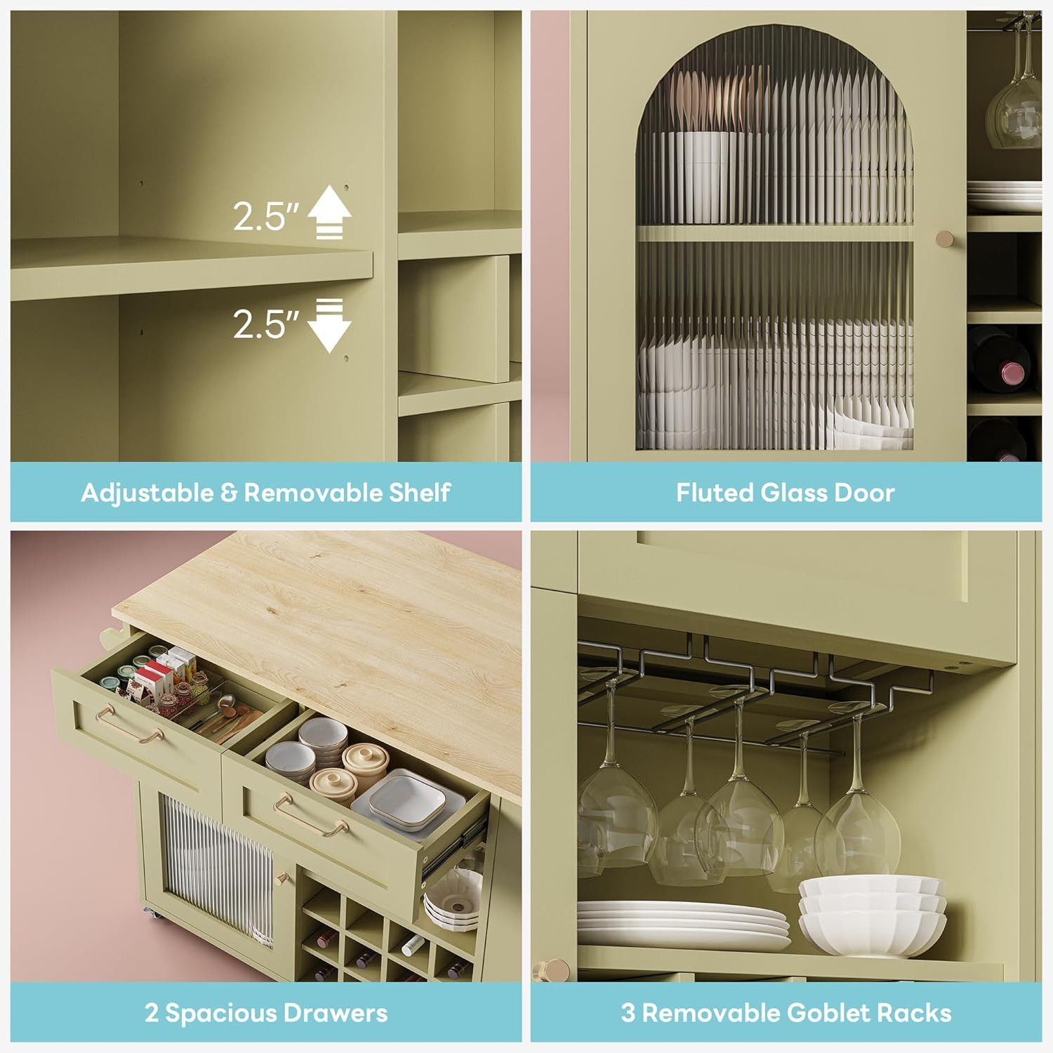 Green Rolling Kitchen Island with Power Outlet, Storage & Wine Racks