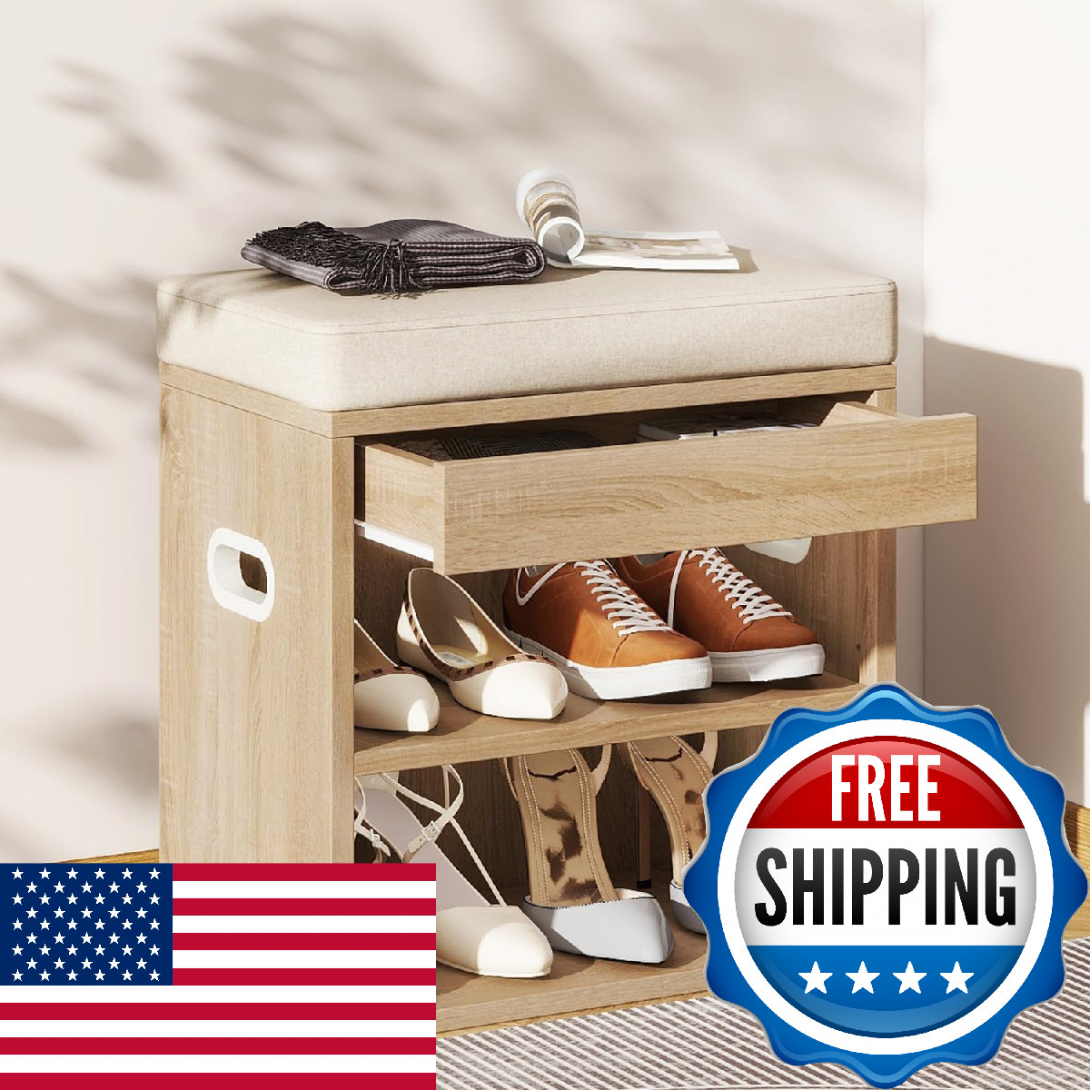Ymyny Small Shoe Storage Bench Cushion And Drawer 2 Tier Adjustable Entryway