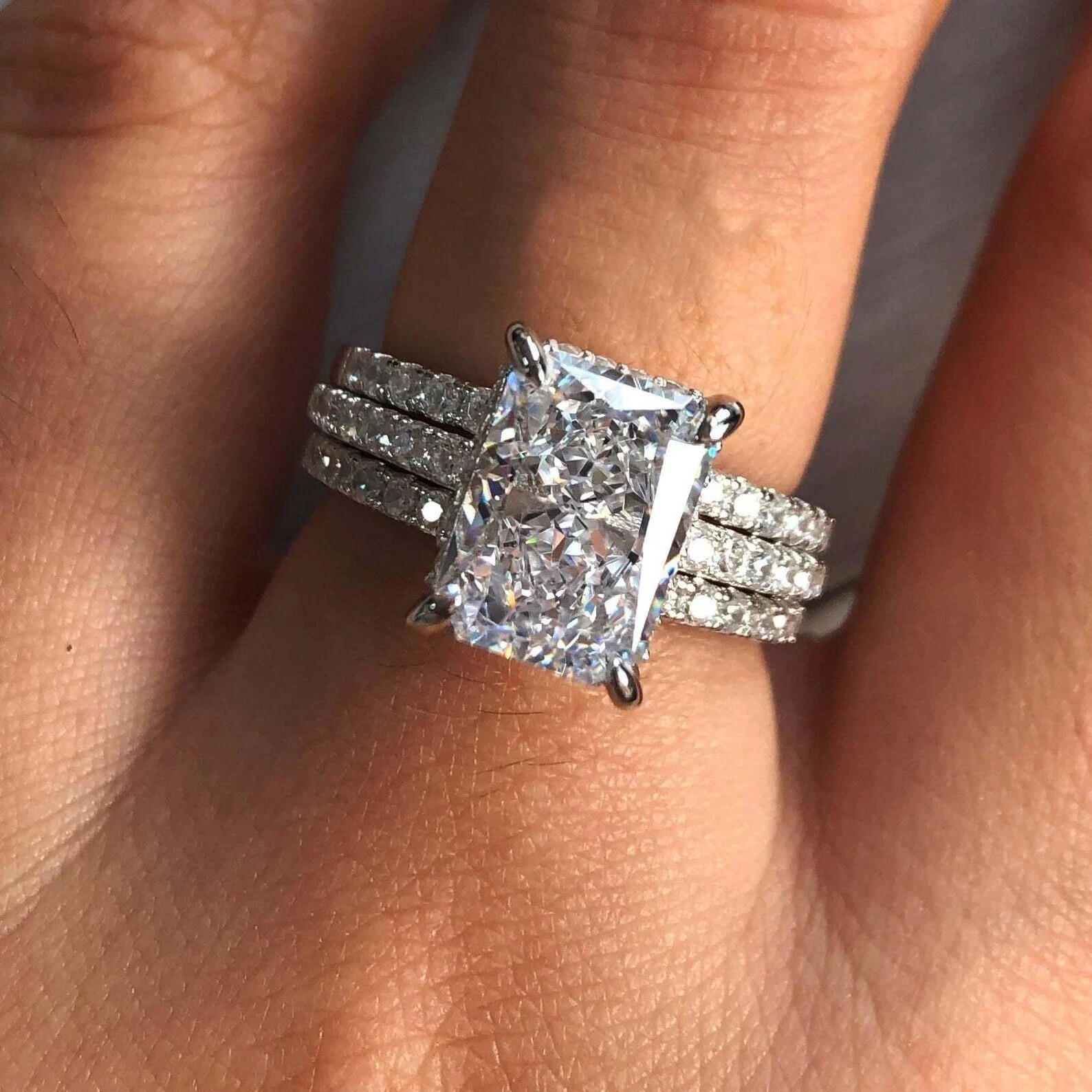 4Ct Radiant Cut Moissanite Trio Band Set Engagement Ring 14k White Gold Plated