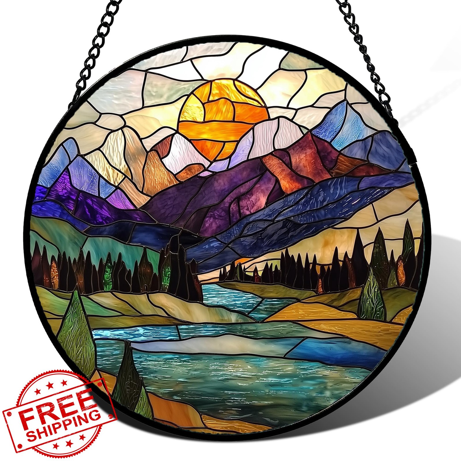 JOSUMALY Stained Glass Suncatcher, Blue Lake Mountain, 9.8", Window Hanging