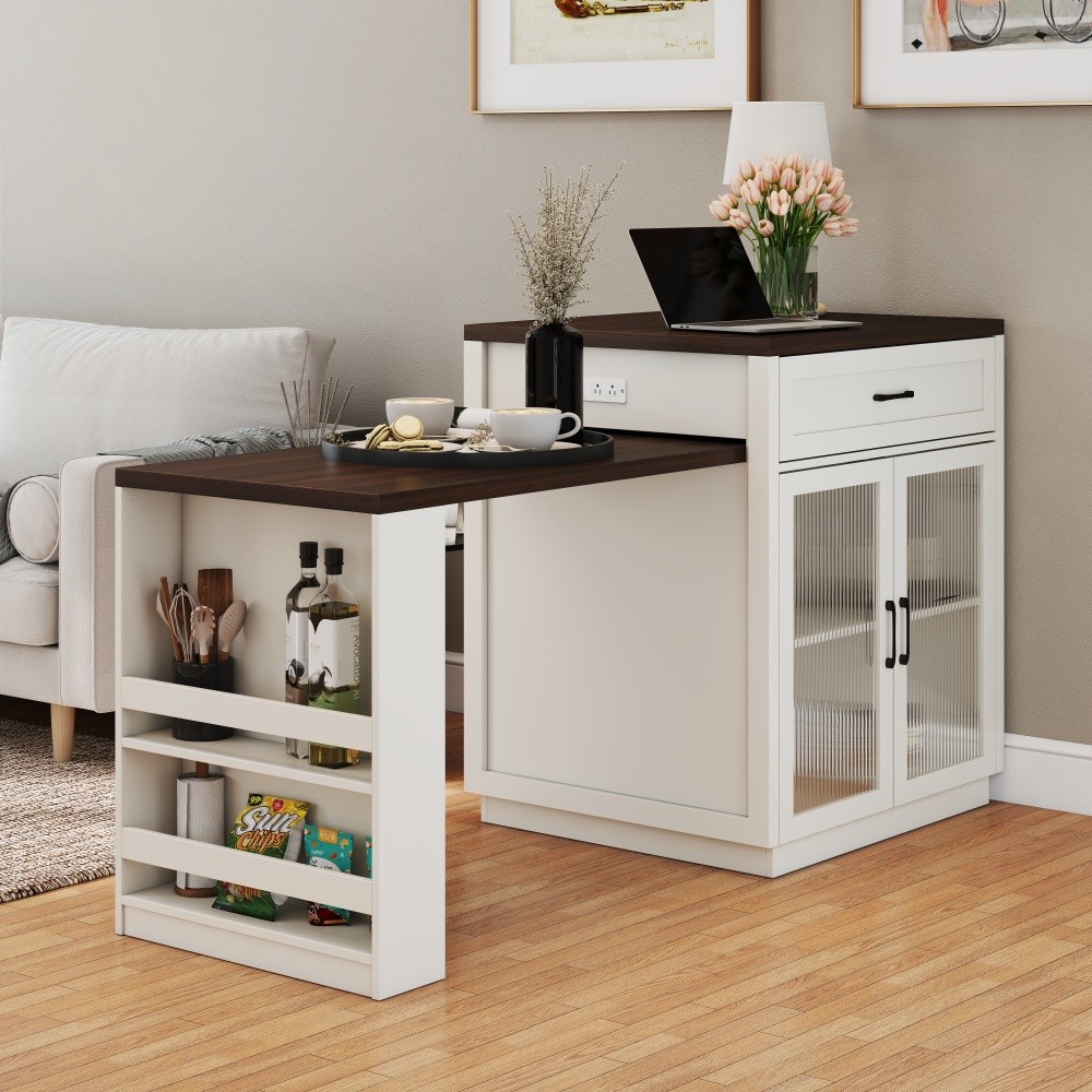 Extendable Kitchen Island Table with Power Outlet Storage Glass Doors Walnut