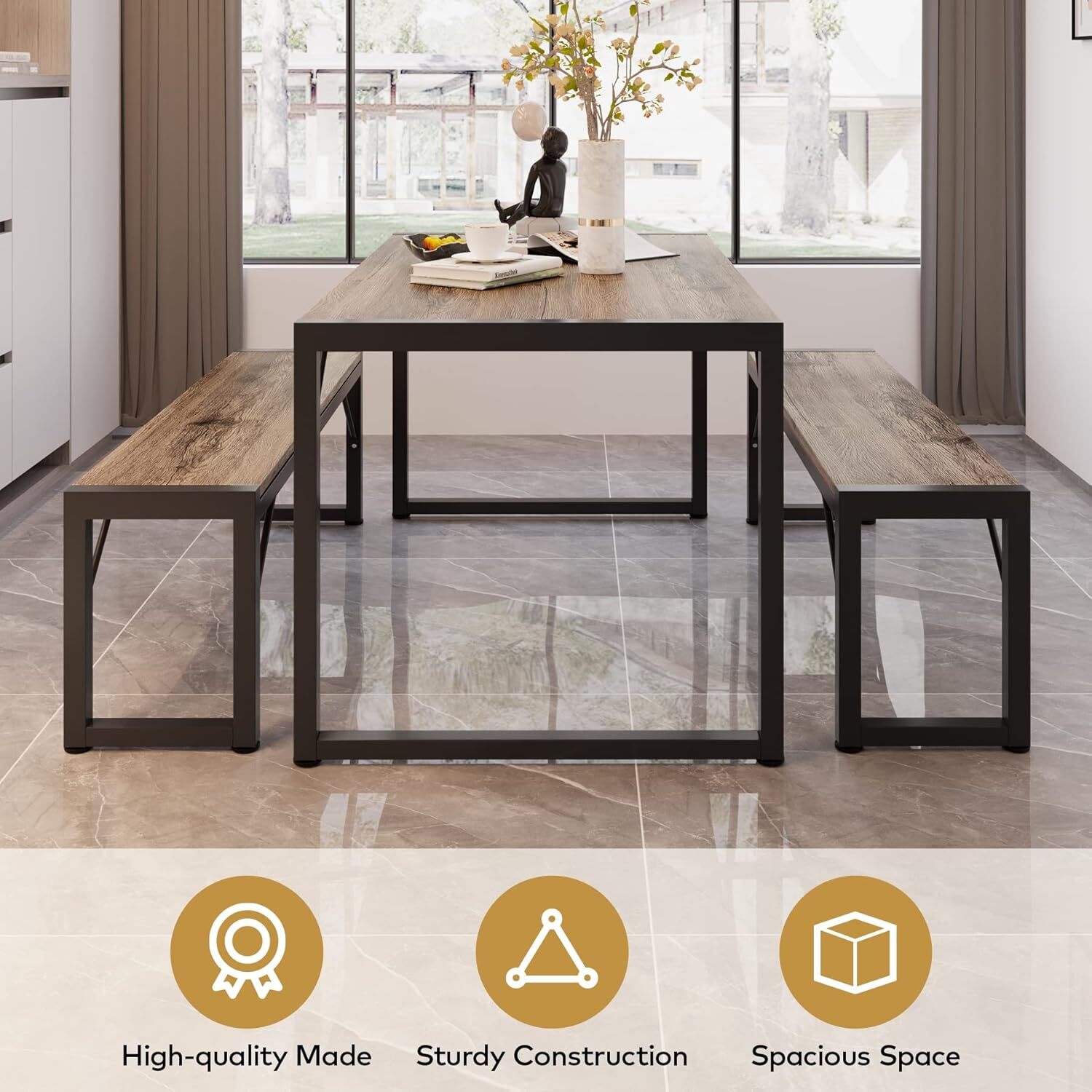 45.5" Dining Table Set for 4 with 2 Benches, Kitchen Table Set with Metal Frame