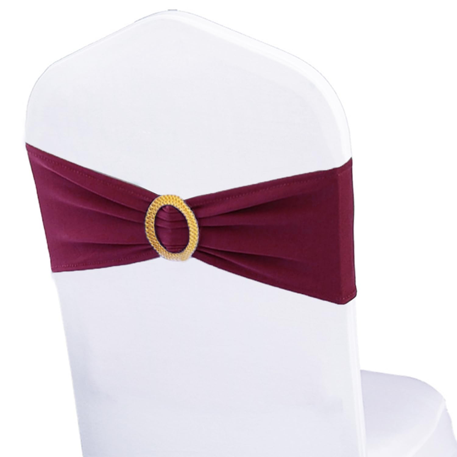 Pack of 50 Spandex Dark Burgundy Chair Sashes with Gold Buckles, Stretch Chai...