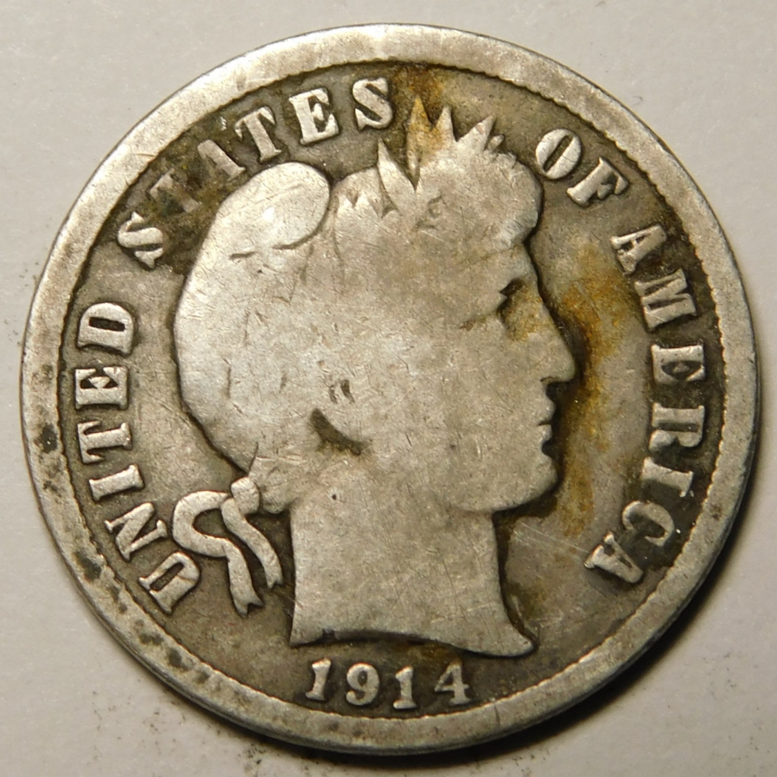 1914 D Barber Dime 90% Silver G-VG  "Actual Coin Pictured - Not Cleaned"