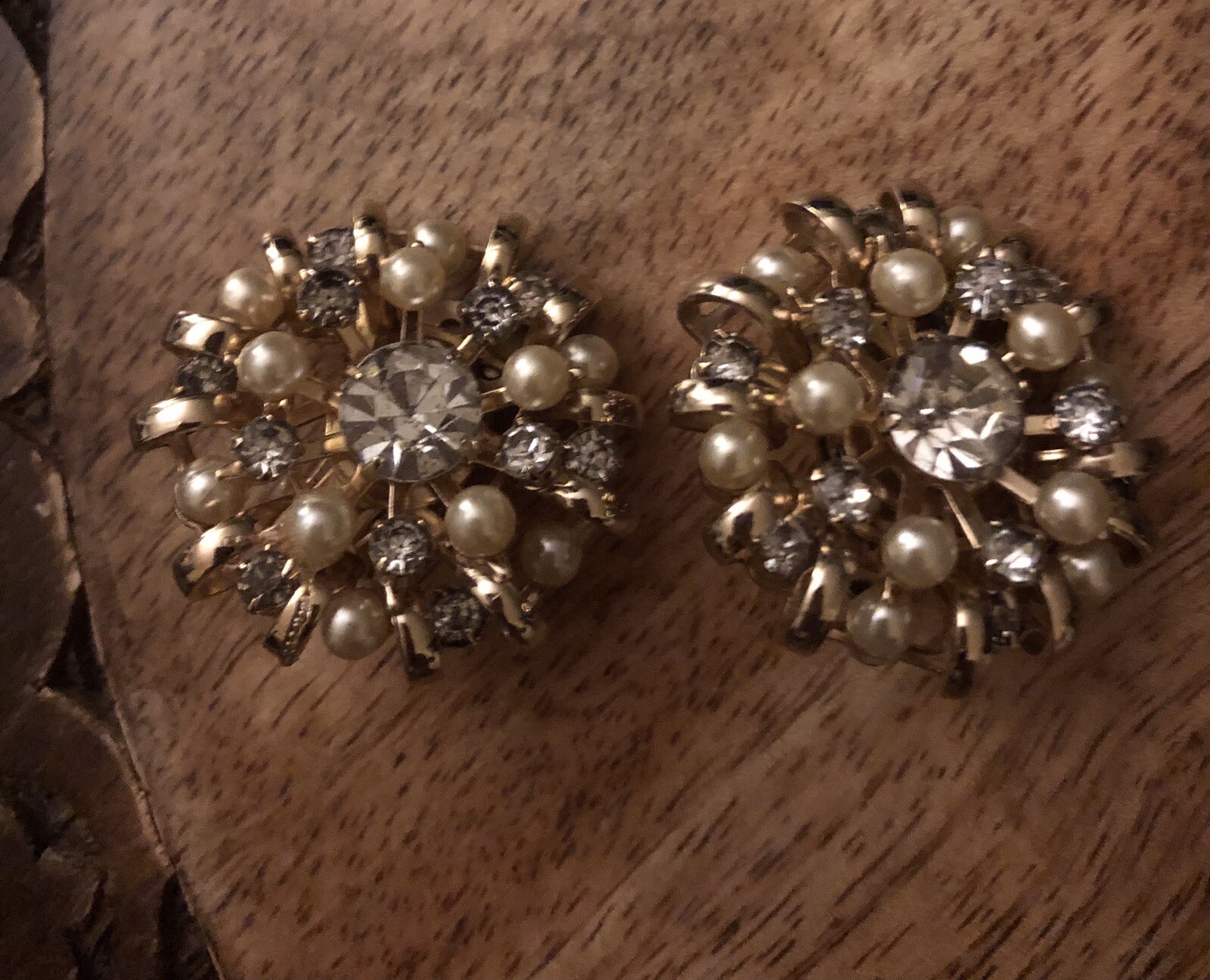 Hattie Carnegie Vintage Pearl Rhinestone Clip Earrings.