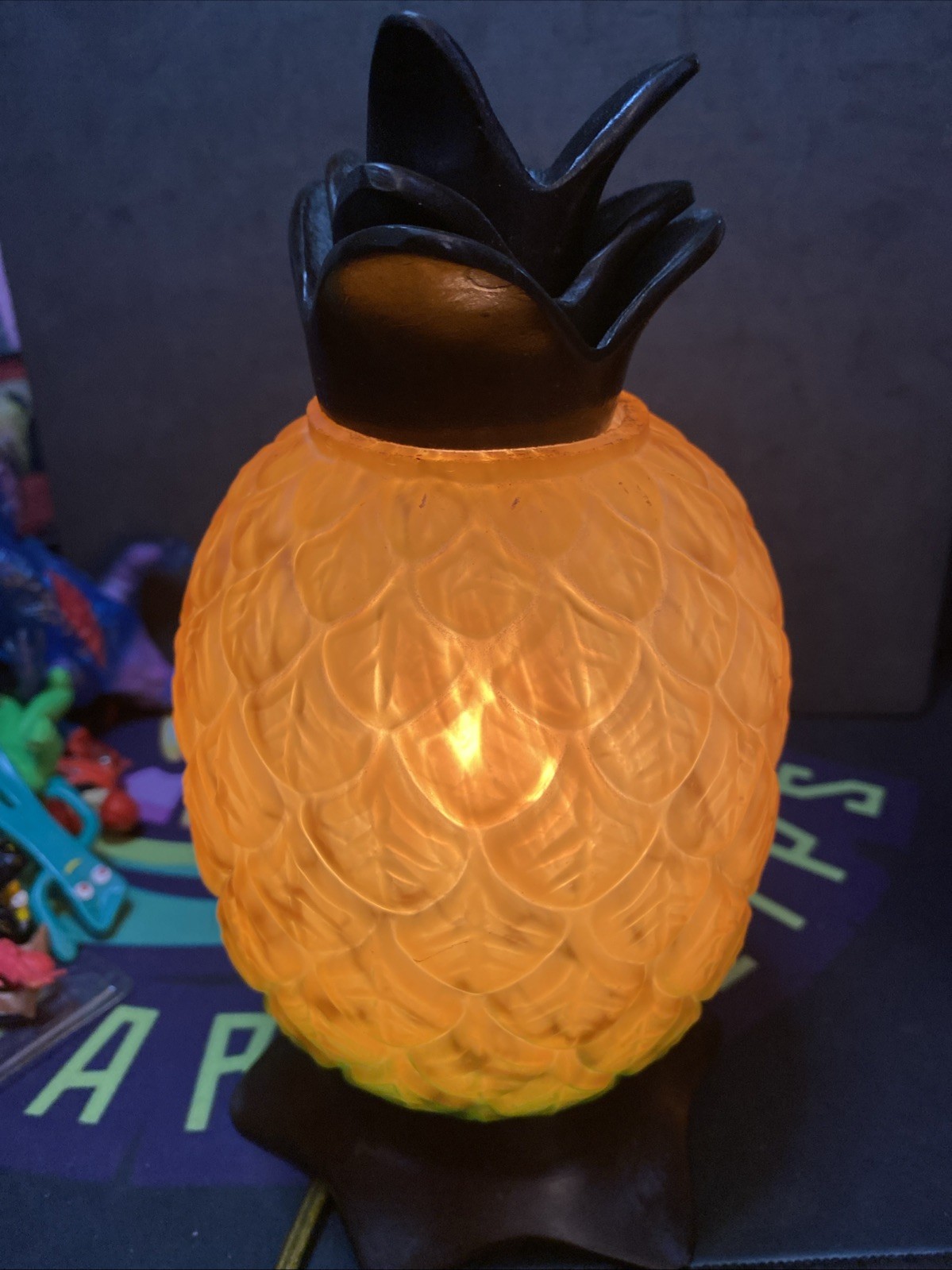 Amber Art Glass Pineapple Lamp Light Bronzed Brass Table Nightlight Accent