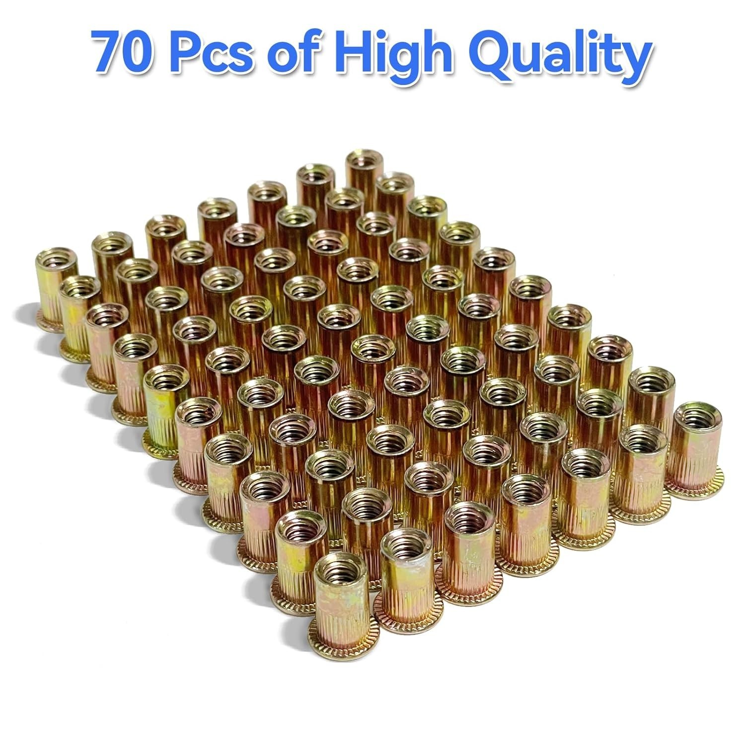 Rivet Nuts, 70 Pcs, 1/4-20 UNC, Flat Head, Zinc-Plated Carbon Steel, Knurled Bod