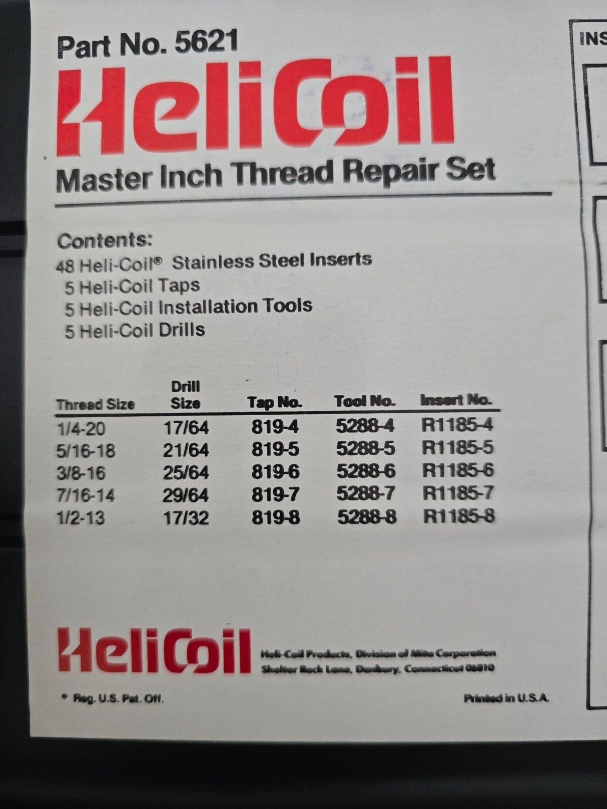 Helicoil Part No. 5621 Master Thread Repair Set