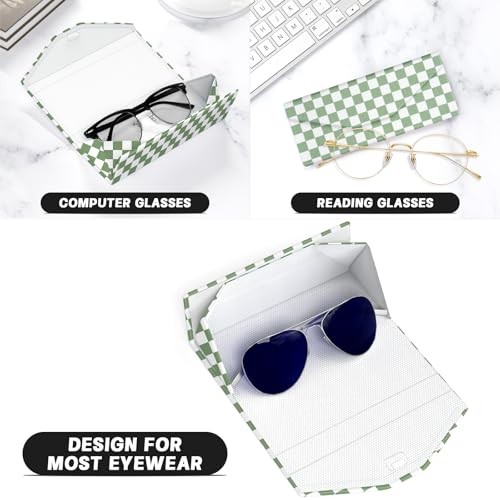 Sunglasses Case, Foldable Glasses Case, Magnetic PU Green Checkred 1 Pcs