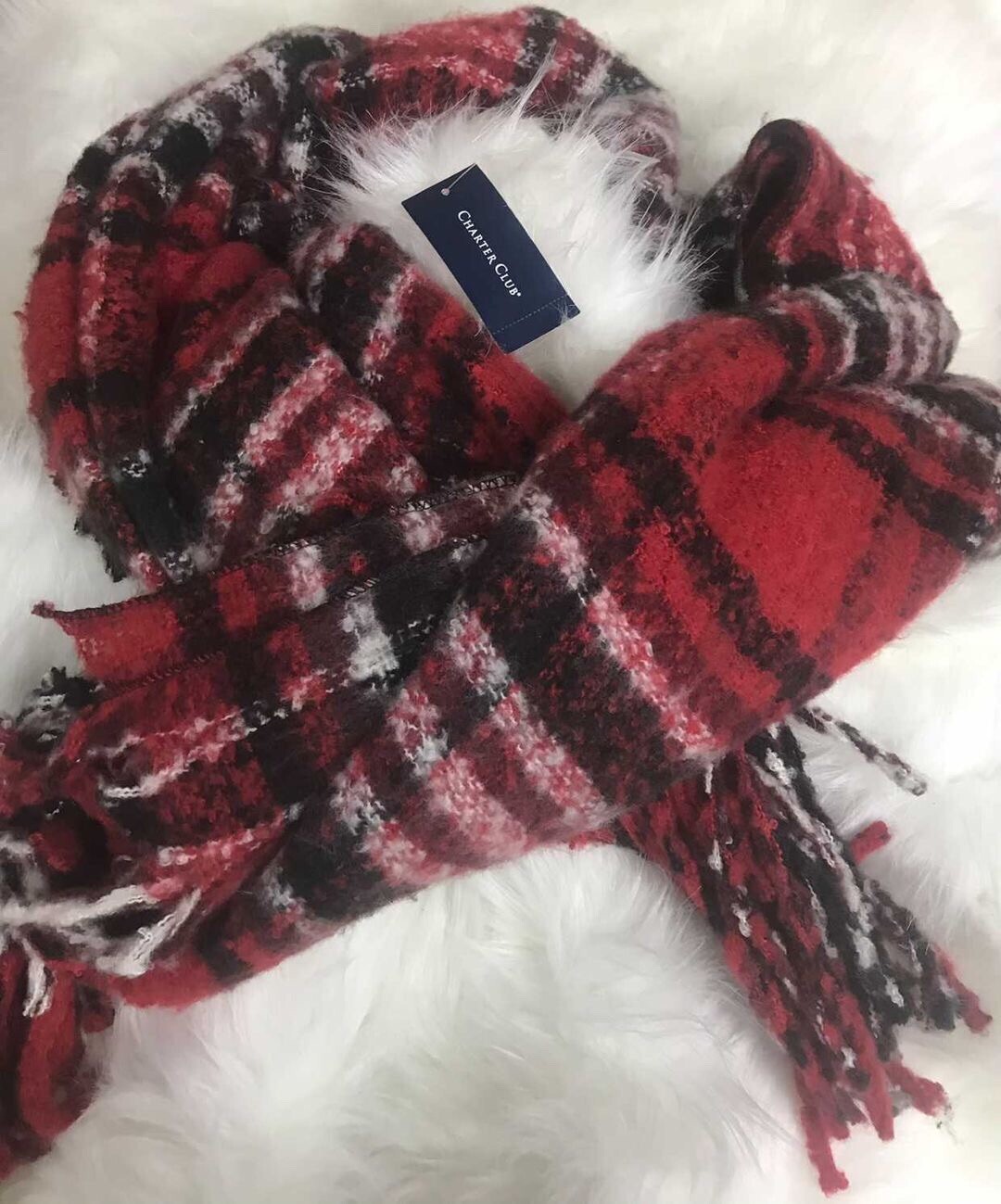 CHARTER CLUB plaid soft tassel Women’s  scarf -BLACK/RED White