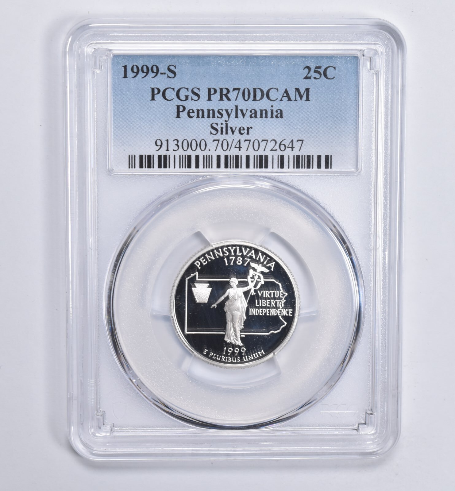 PR70 DCAM 1999-S Silver Pennsylvania Quarter PCGS Blue Lbl