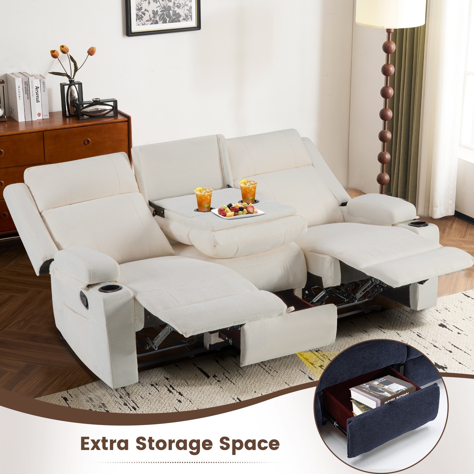 Chenille Reclining Sofa 3-Seater with Convertible Table, Storage Ottoman