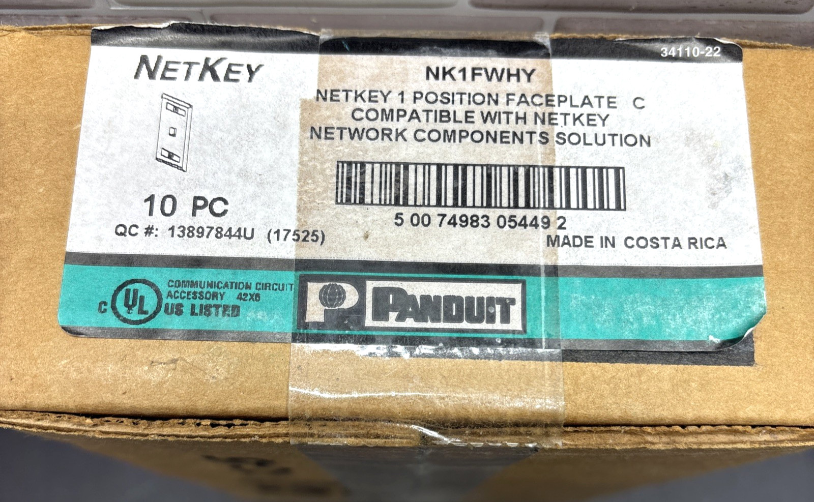 10- Panduit NK1FWHY Single Gang Faceplate 1-Port White, NetKey, Sealed Box