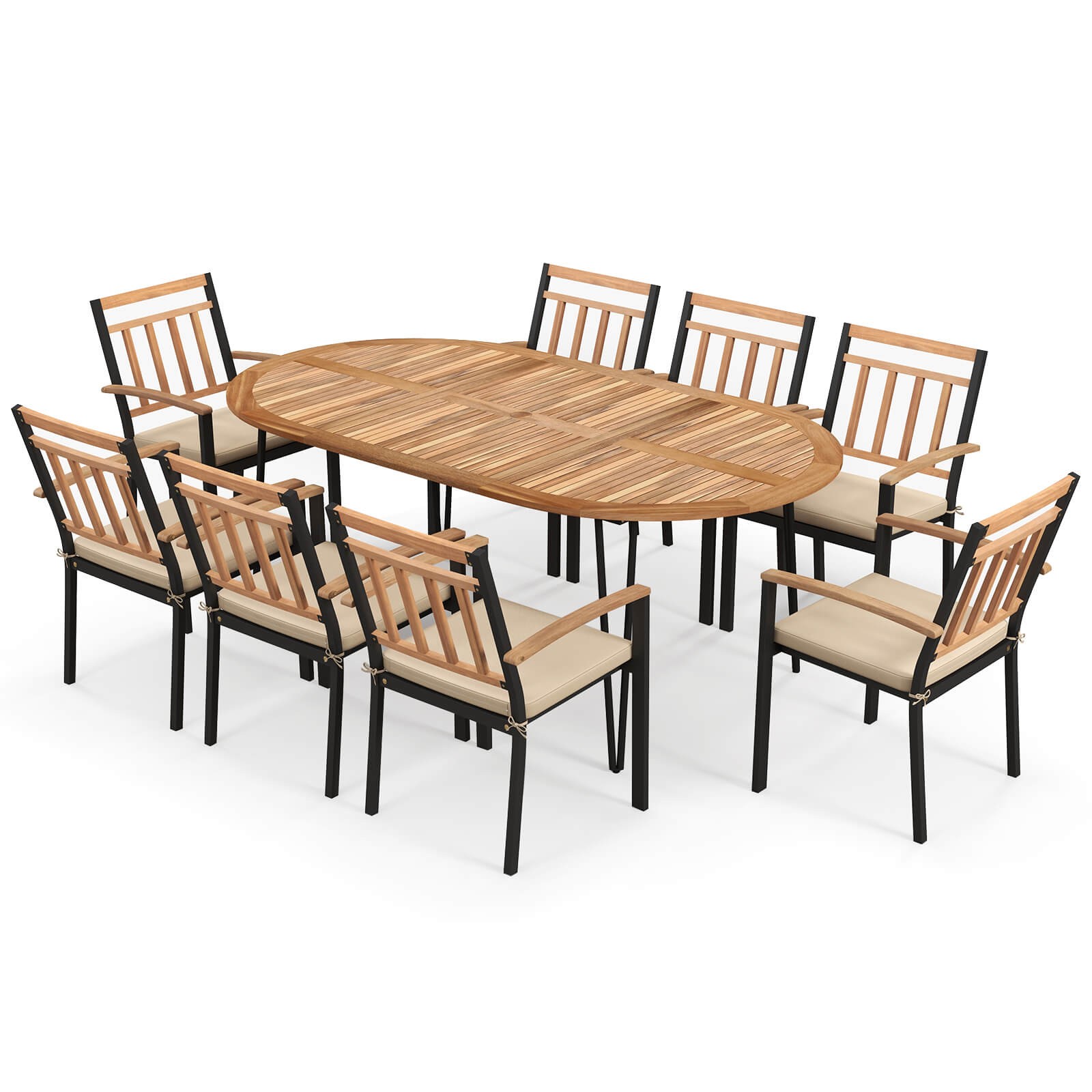 9 Pieces Outdoor Dining Set with Acacia Wood Top & Umbrella Hole Metal Frame