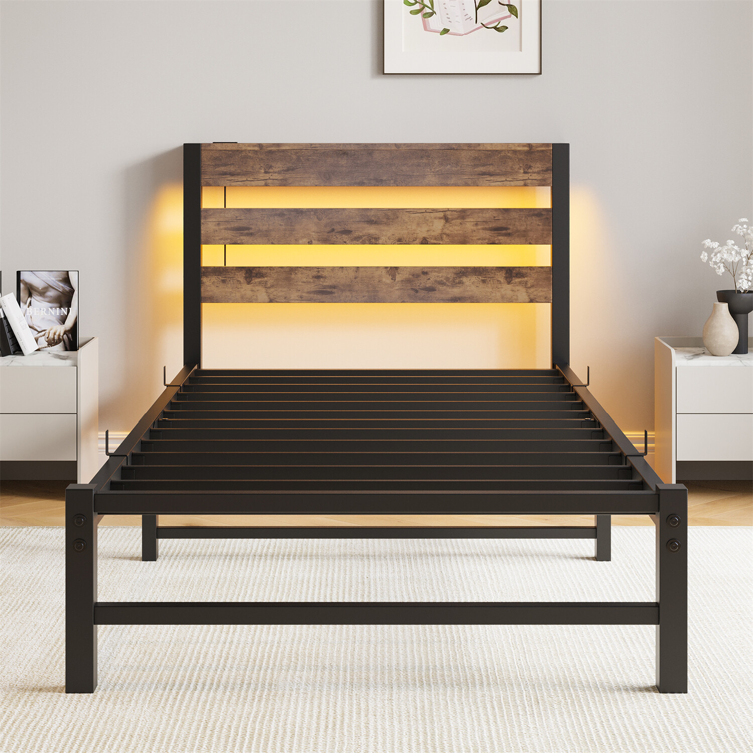 Twin/Full/Queen Size LED Bed Frame Metal Platform Bed w/ Headboard & USB Port US