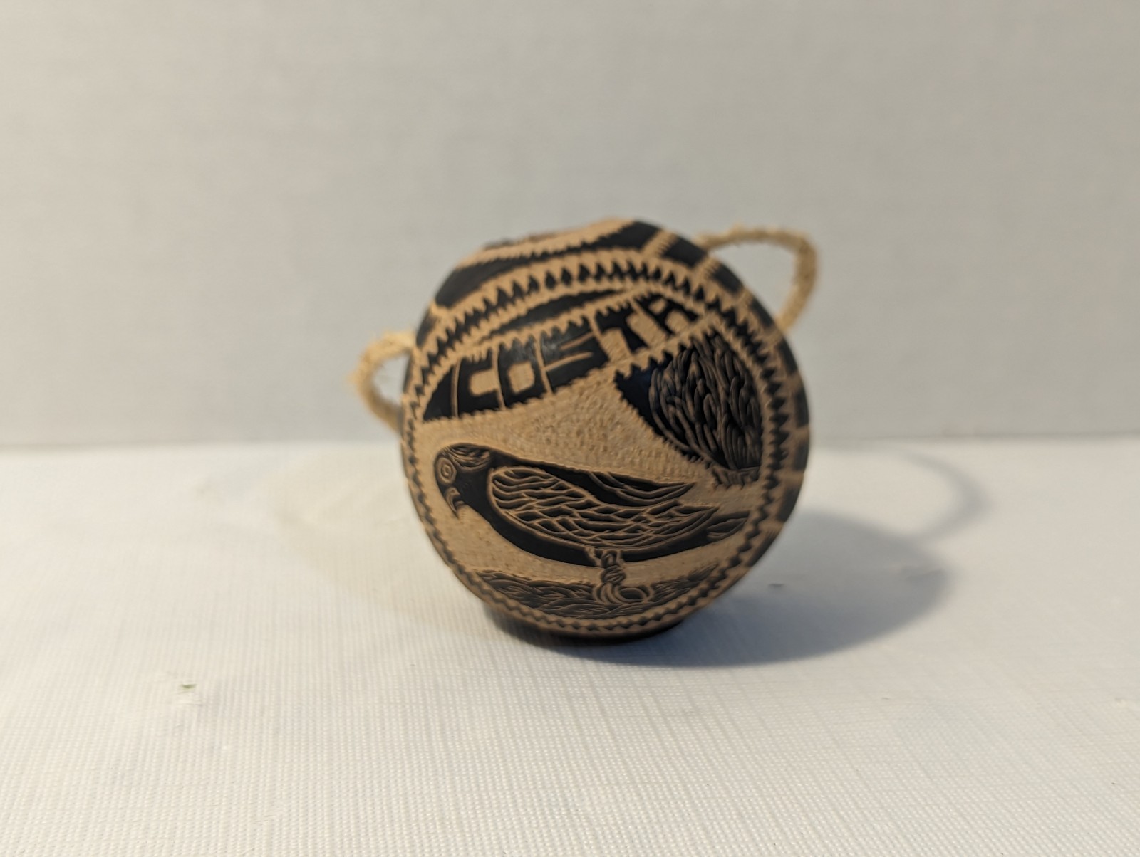 Vintage Hand Carved, Costa Rica,  Parrot & Plant, Small Dried Gourd Container.