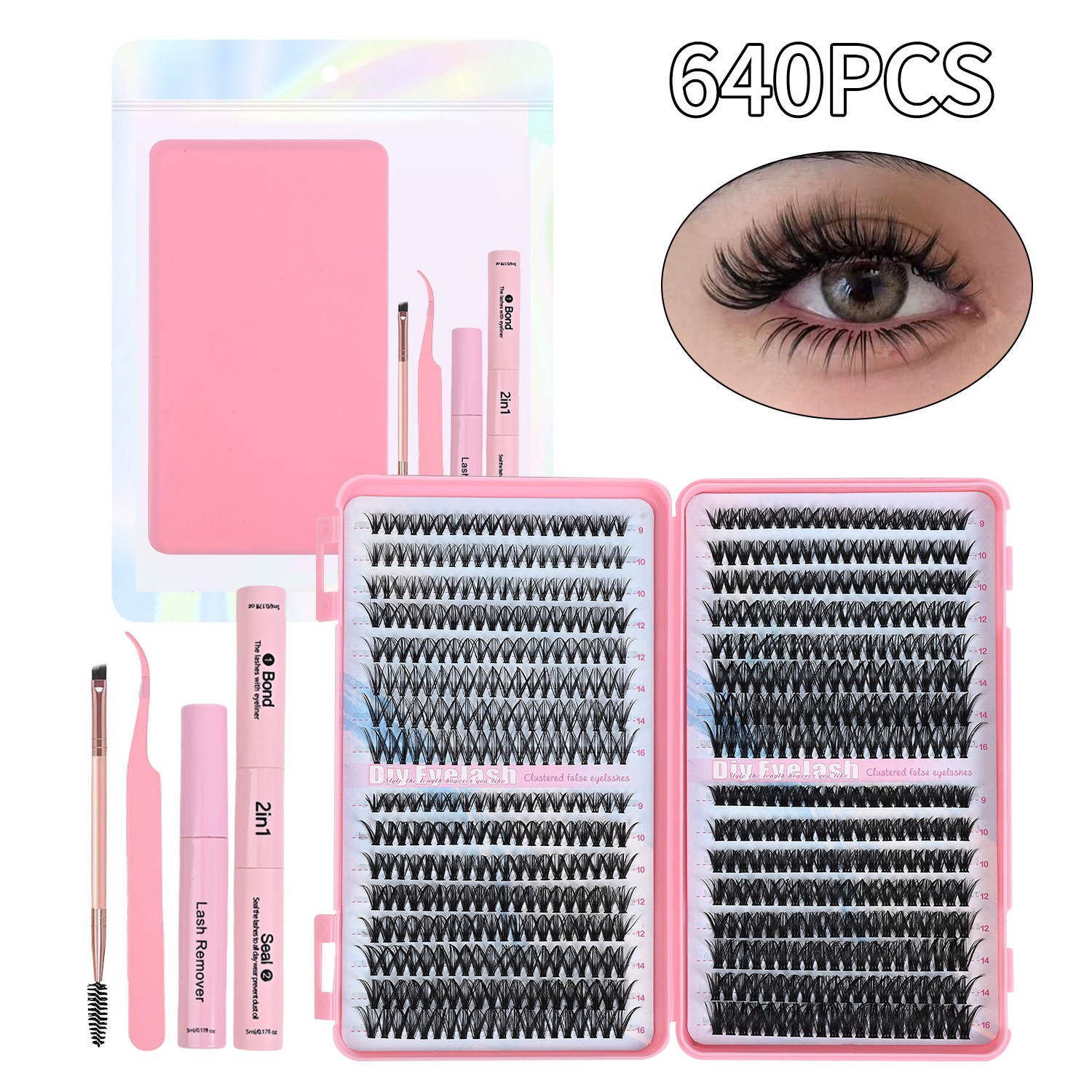 640PCS Lash Clusters 9-16mm D Curl Individual Fluffy Eyelash Extensions