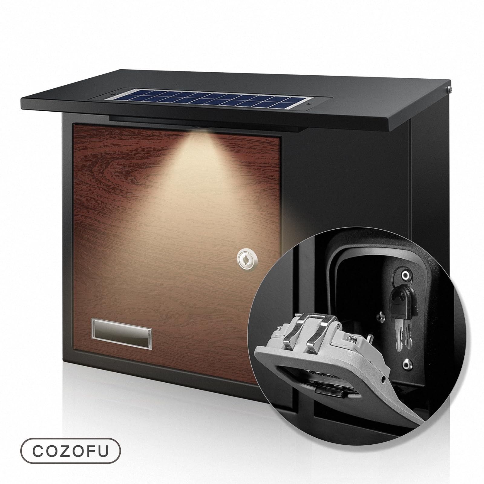 Solar Mailbox Wall-Mount Key Drop Box LED Lighting Lock Mail Box Brown