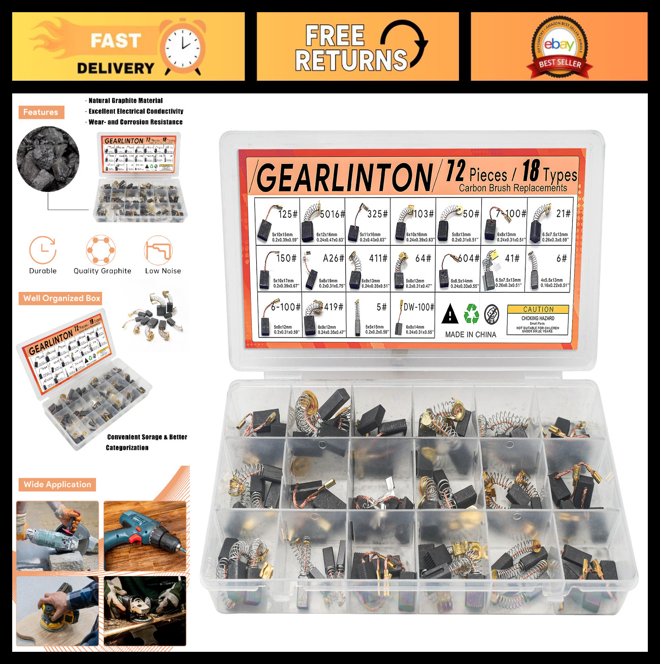 72 PCS Electric Motor Carbon Brushes Set | 18 Sizes for Power Tool Repair & Main