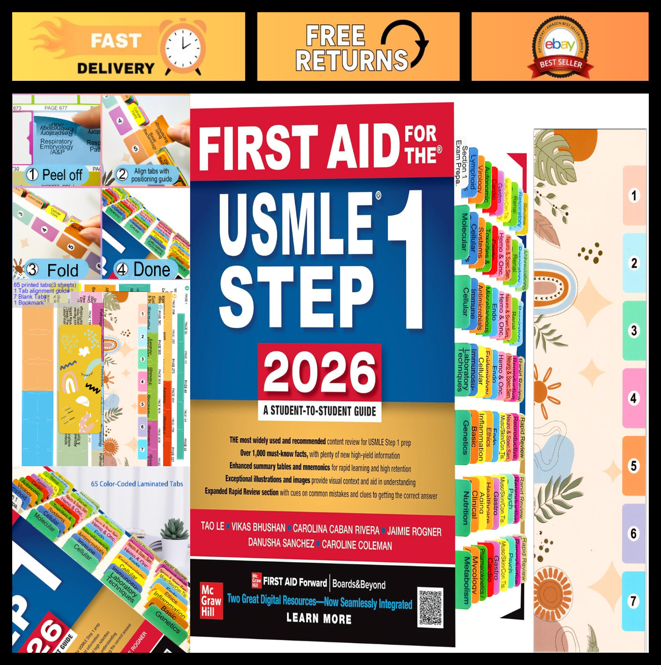 Color-Coded Index Tabs for USMLE Step 1 2026 - 72 Laminated Tabs with Page Numbe
