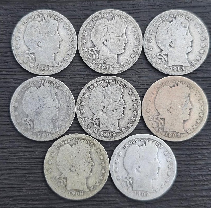 Barber Silver Quarter Lot of 8 (0.9 Fine) Mixed Dates 1892-1916  Lot 0199