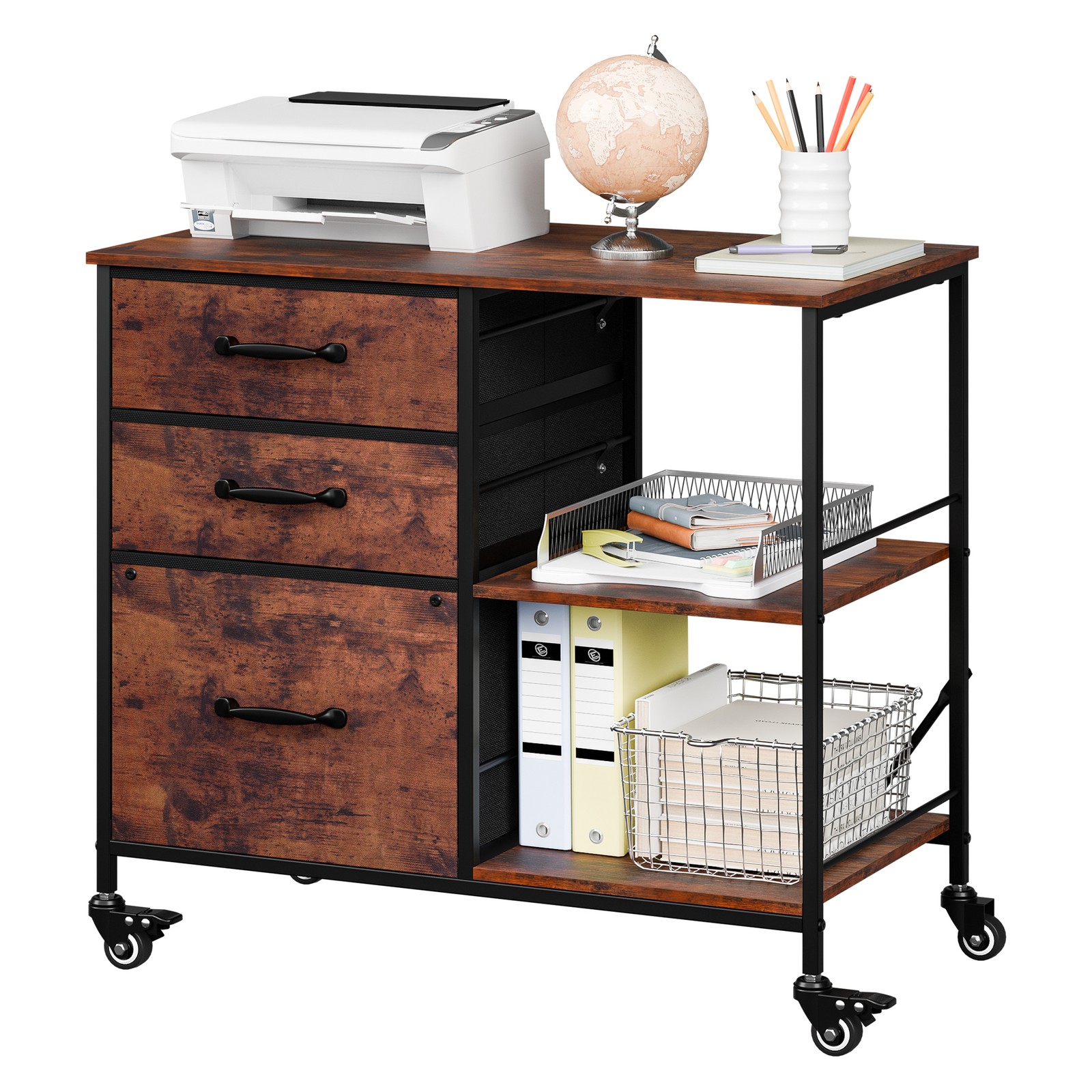 3 Drawer Mobile File Cabinet Rolling Printer Stand w/ Storage Shelf Rustic Brown