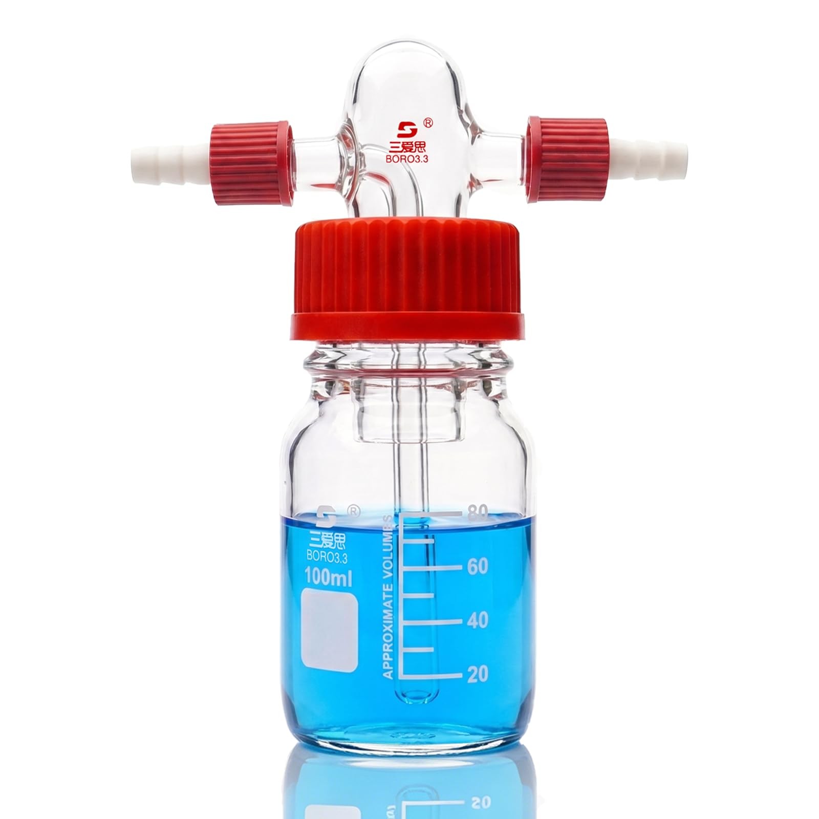 TISMART Gas Washing Bottle 100mL Borosilicate Glass GL45 Lab Bubbler 1 Set