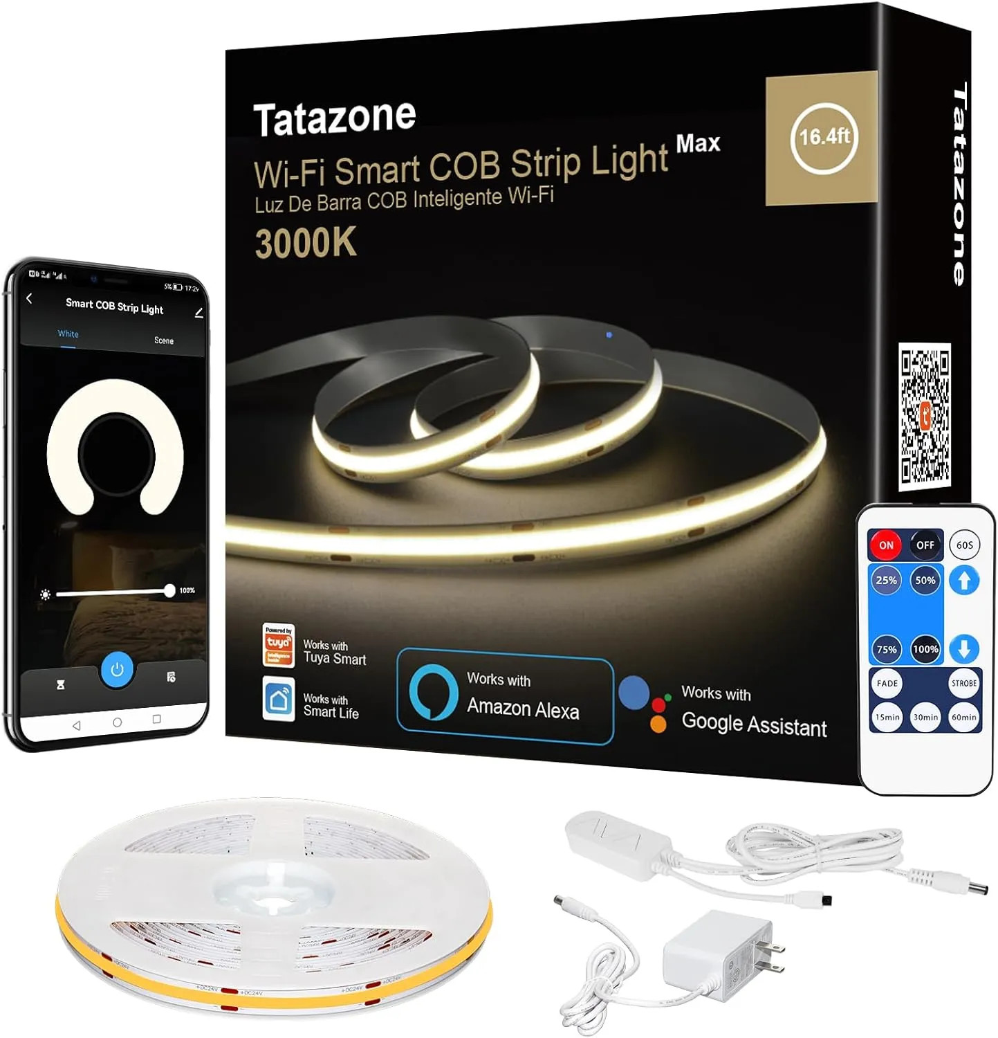 16.4ft Smart COB LED Strip Light 3000K Warm White Dimmable WiFi App Remote In...