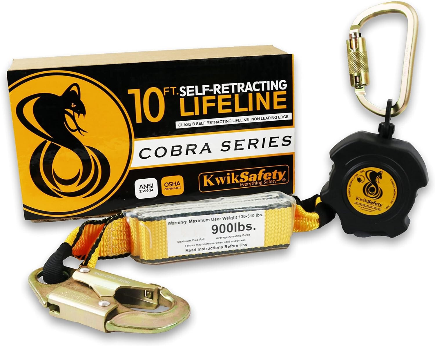 KwikSafety Cobra Web 10' Self Retracting Lifeline NO Tangle +External Shock