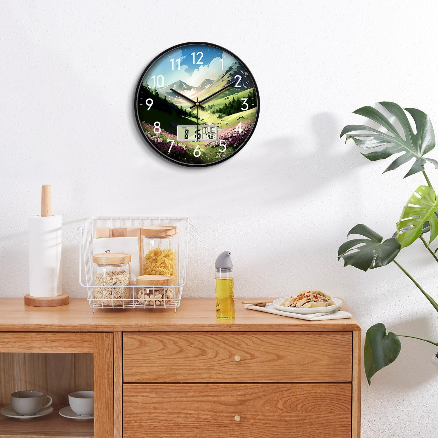 Digital Large Display Silent Wall Clock with Temperature Date Mountain Flowers M