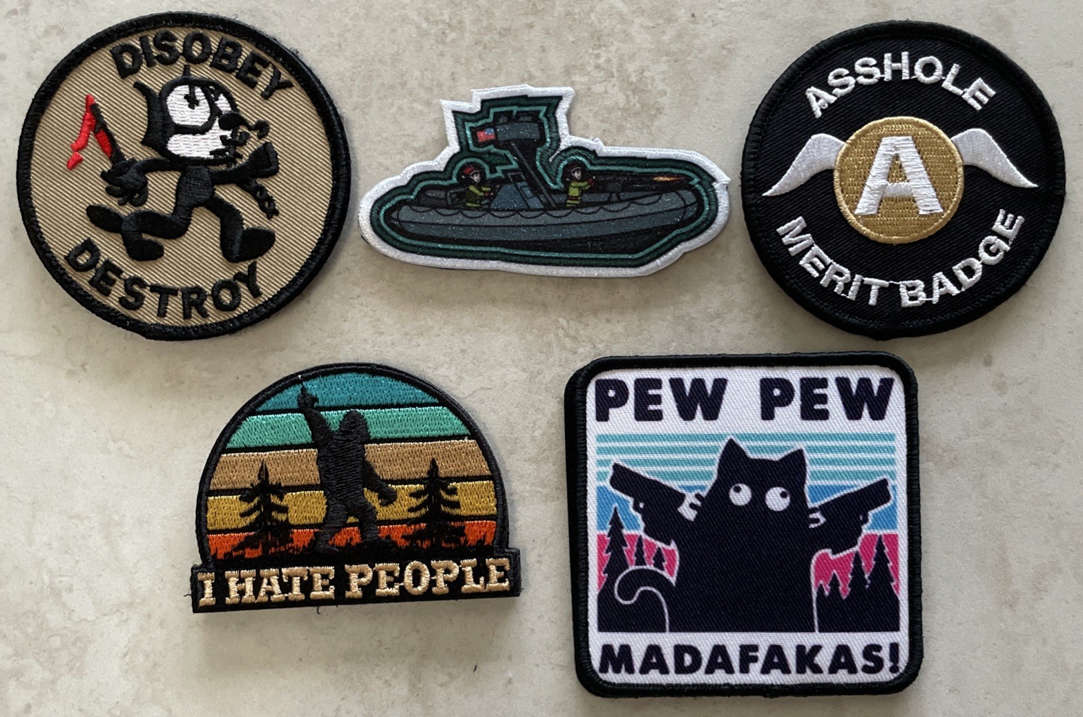 LOT OF 5 PATCHES HOOK BACKING I HATE PEOPLE, PEW PEW, DISOBEY, MERIT BADGE, ELFS