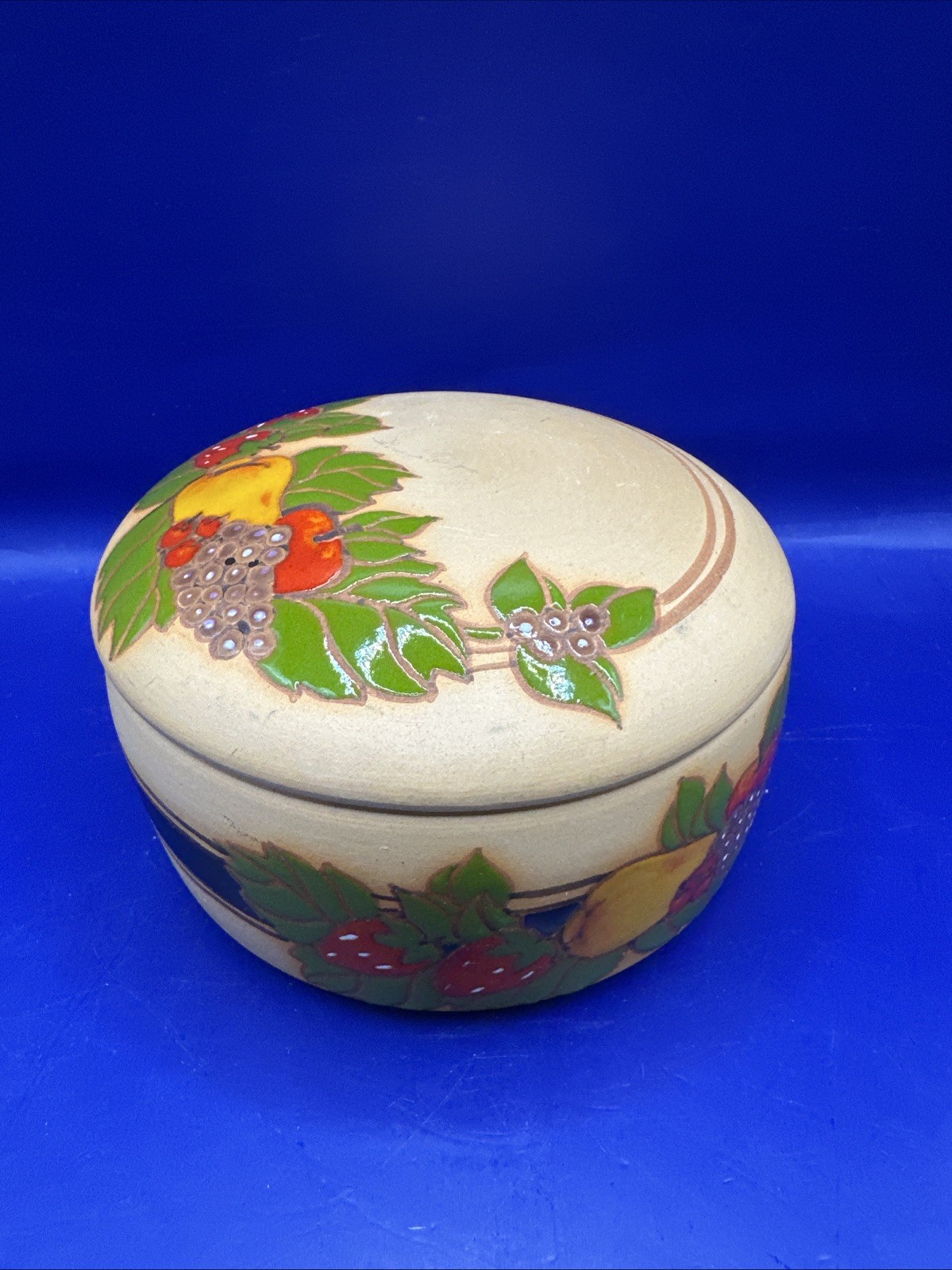 Beautiful Malaysian Pottery Lidded Trinket Box w/ Strawberry Fruit Theme 4.5” W