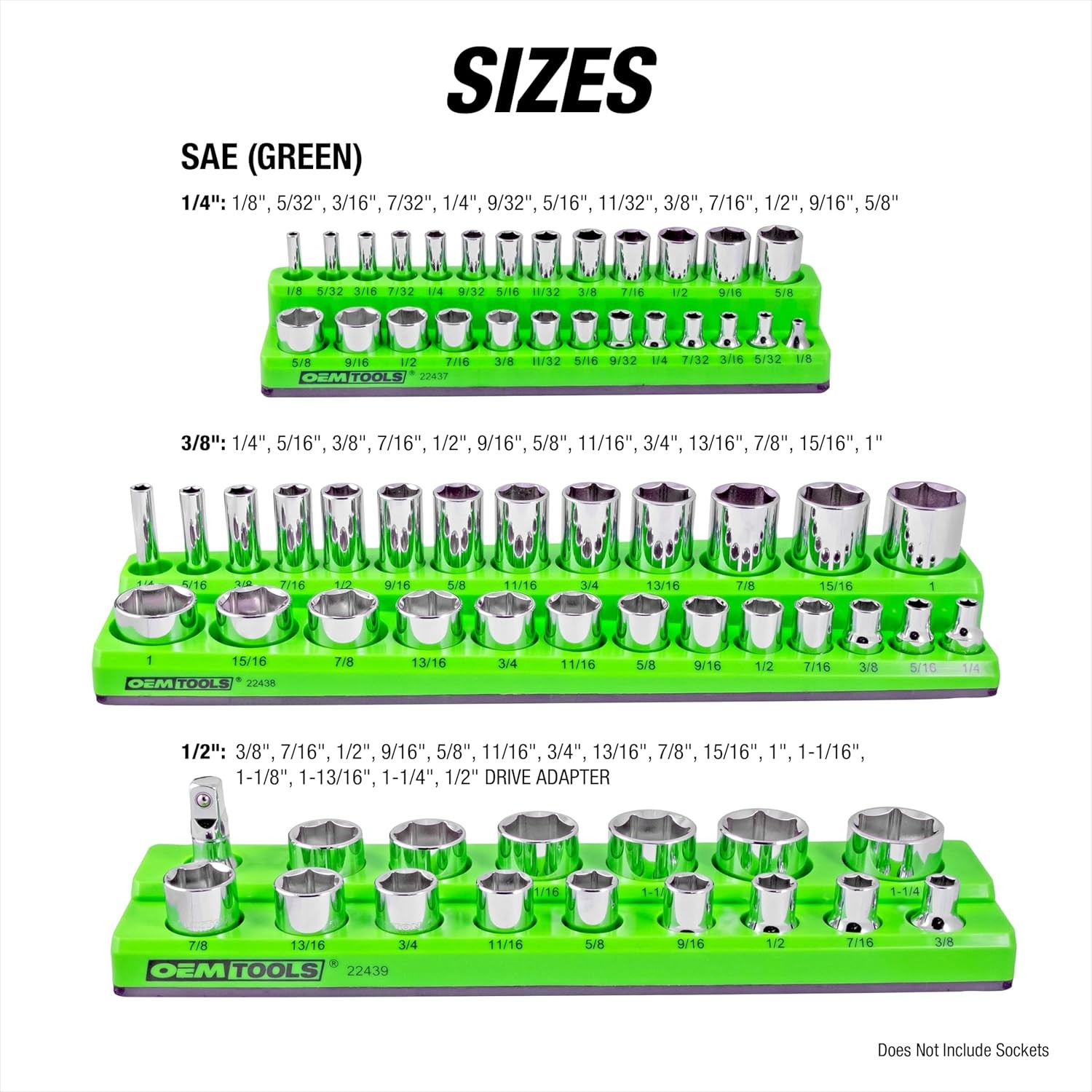 3-Pc Magnetic Socket Organizer, SAE Holder 1/4, 3/8