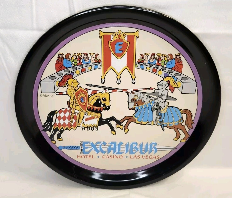 1990 Excalibur Hotel Casino Las Vegas Tin Serving Tray Plate Knights Jousting