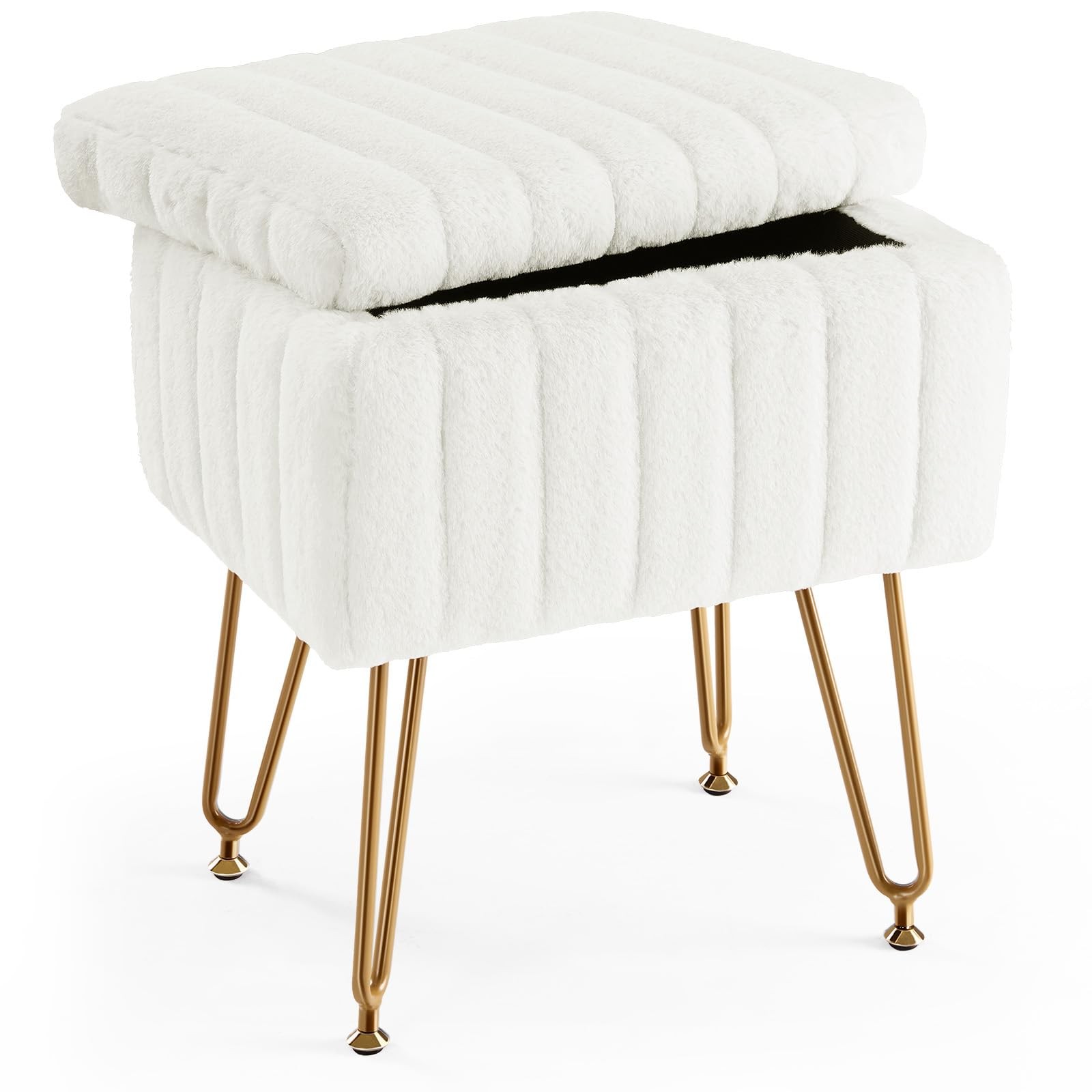 Vanity Stool Chair Storage Ottoman Faux Fur Soft Padded Makeup Metal Legs White