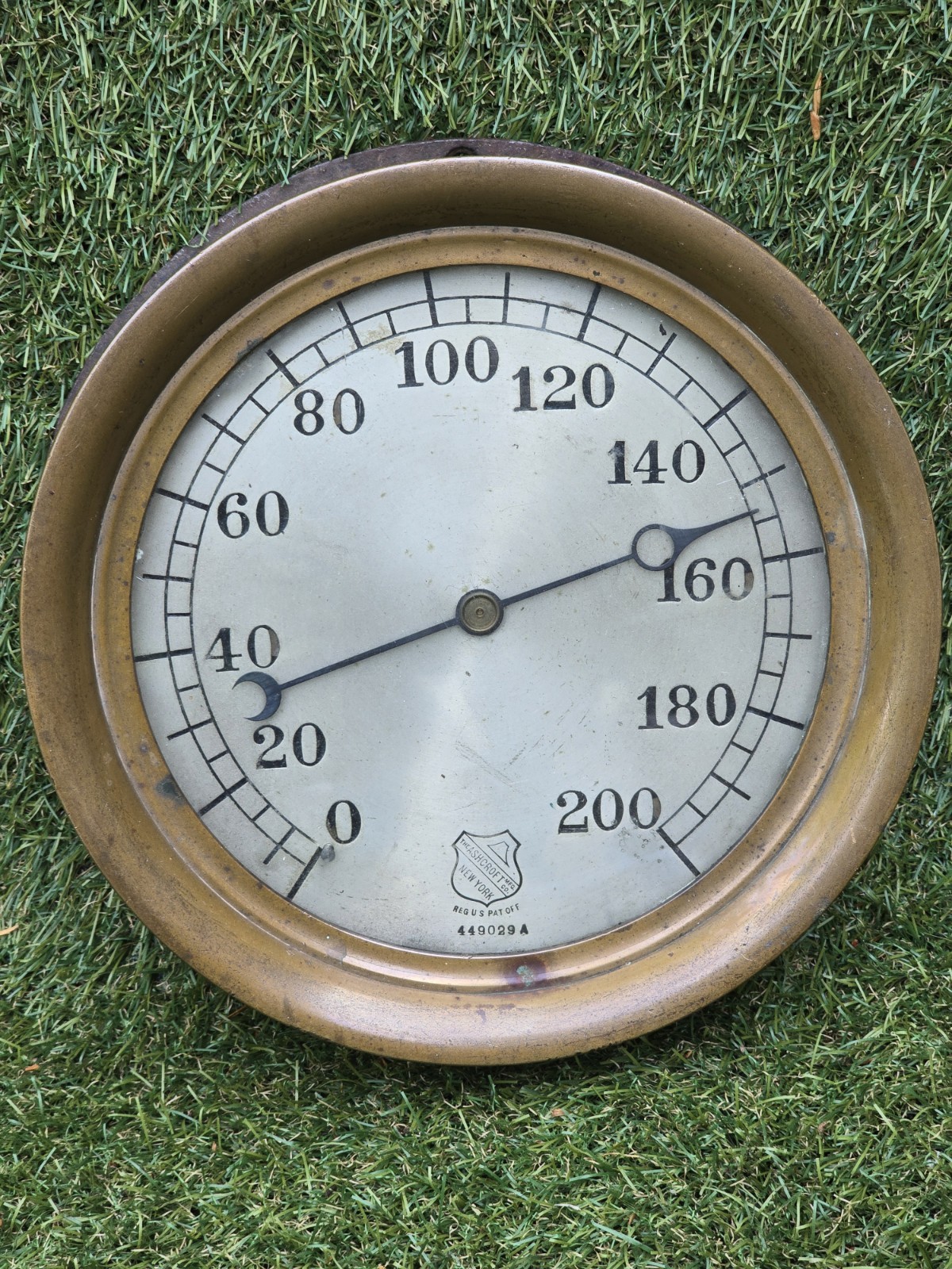 Vintage Ashcroft Co. Large 9.25” Brass 200 PSI Pressure Gauge Pat Off 449029 A