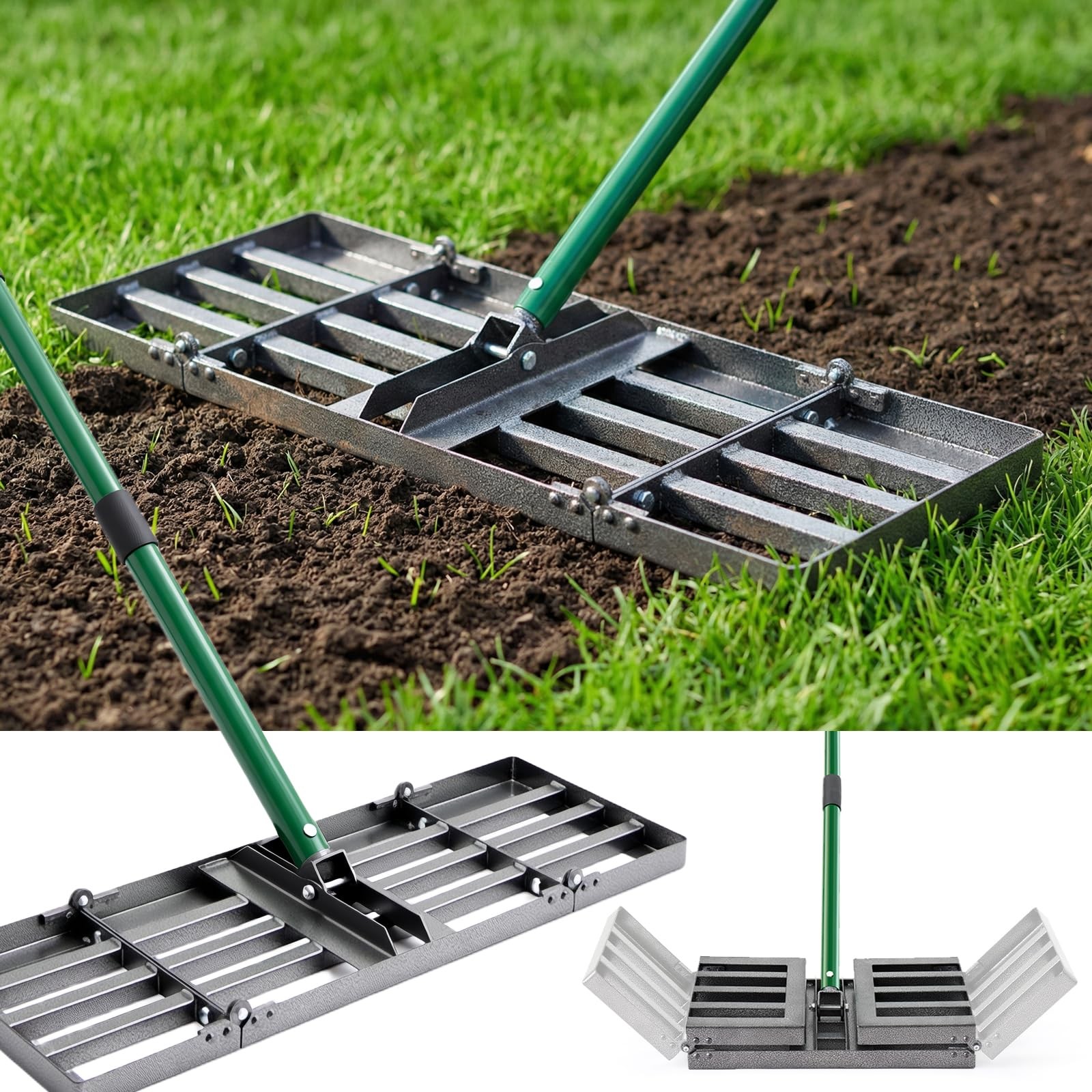 30"x10" Lawn Leveling Rake, Heavy Duty Lawn Leveler with 33"-77" Adjustable H...