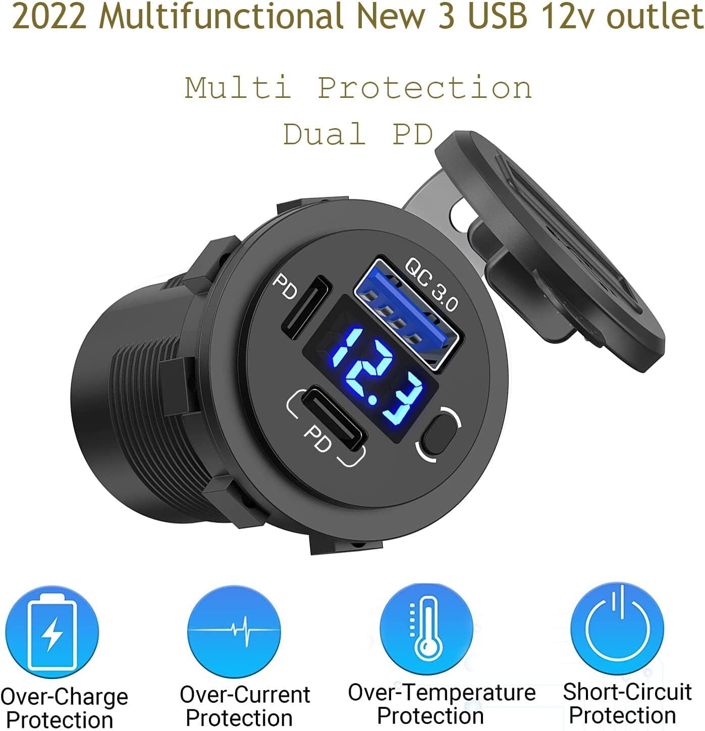 12-24V Dual USB Quick Charge 3.0 Port & PD USB C Car Charger Socket w/ Voltmeter