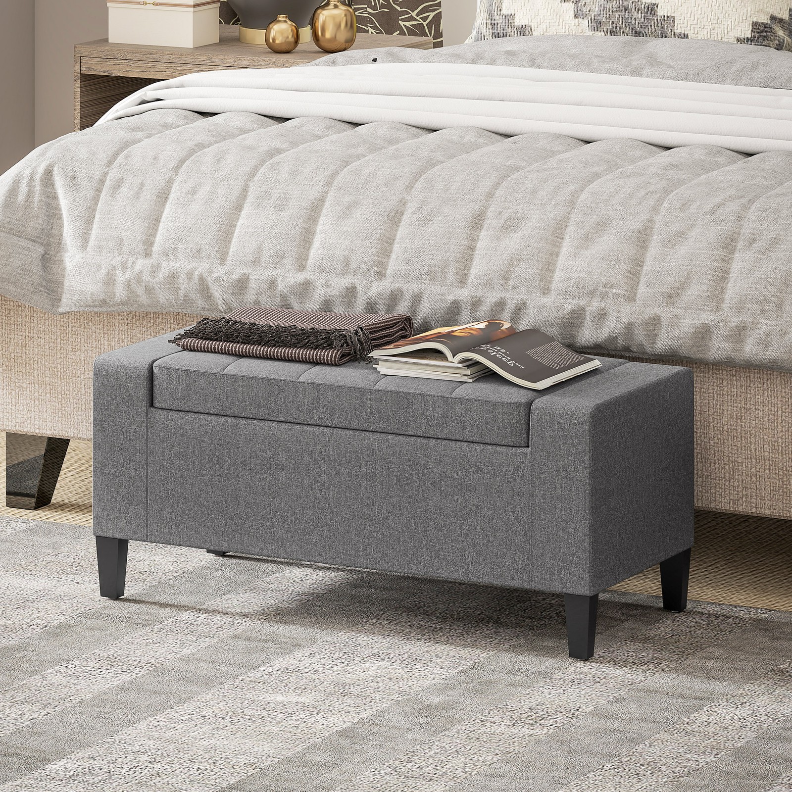 Rectangular Tufted Linen Storage Ottoman Bench with Flipping Top Gray