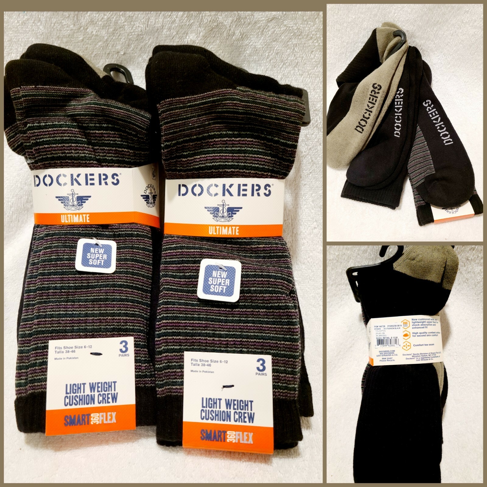 Dockers Men's 6 Pair Ultimate Light Weight Cushion Crew Socks Multicolor Sz 6-12