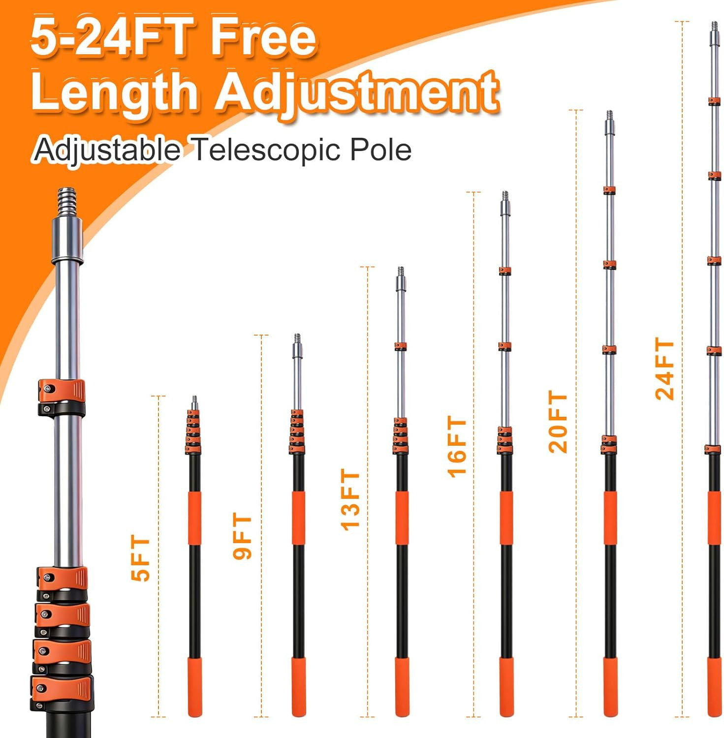 30FT High Window Cleaning Kit, 5-24 FT Telescoping Extension Pole with Dual Acti