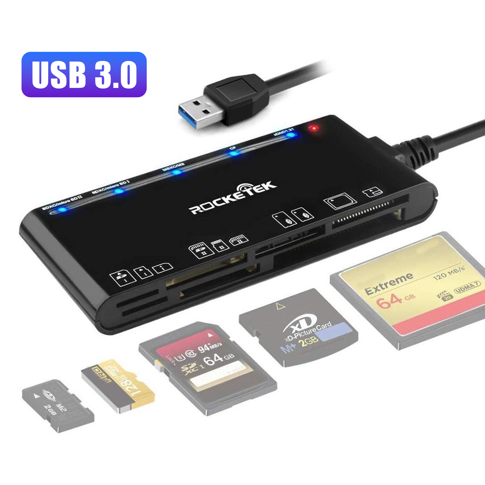 USB 3.0 Card Reader, 7-in-1 Hub Adapter, for SD CF SDXC SDHC Micro SD TF MS XD