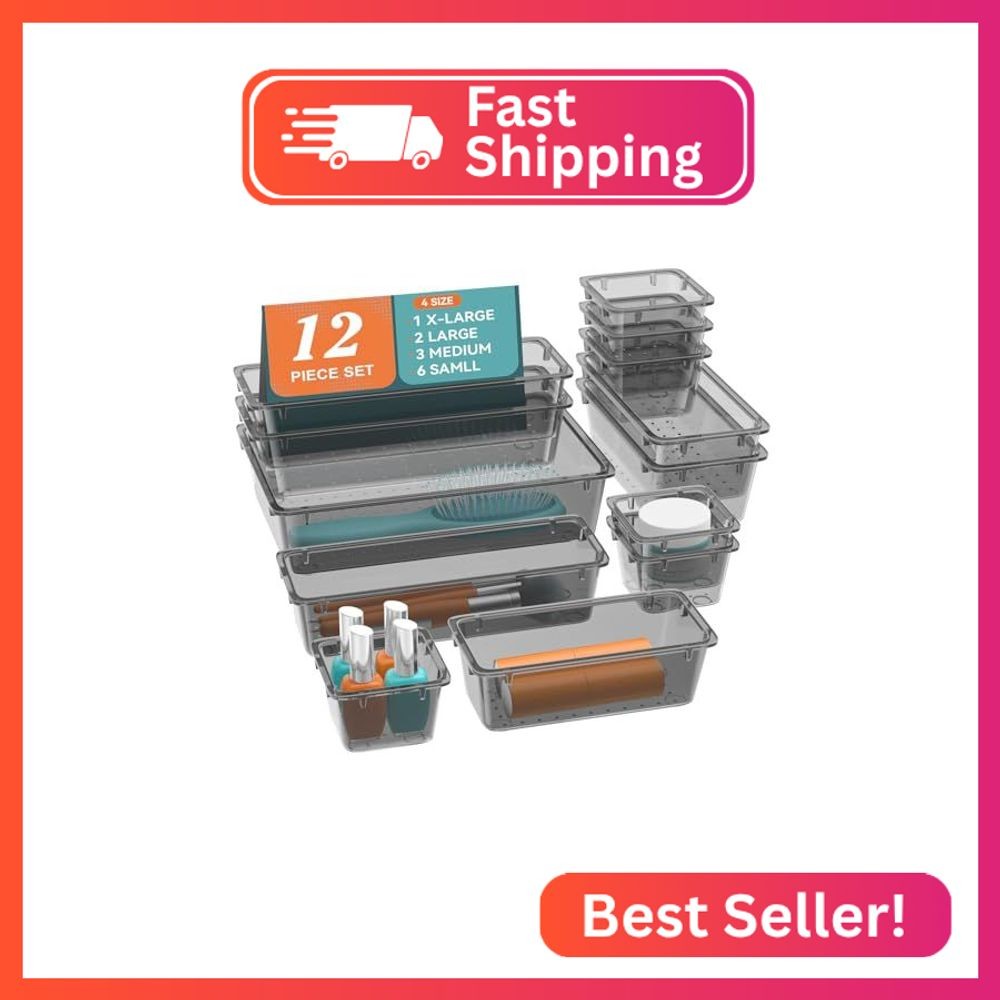12 PCS Drawer Organizer Set, Makeup Organizers, Tool Storage Trays, Black