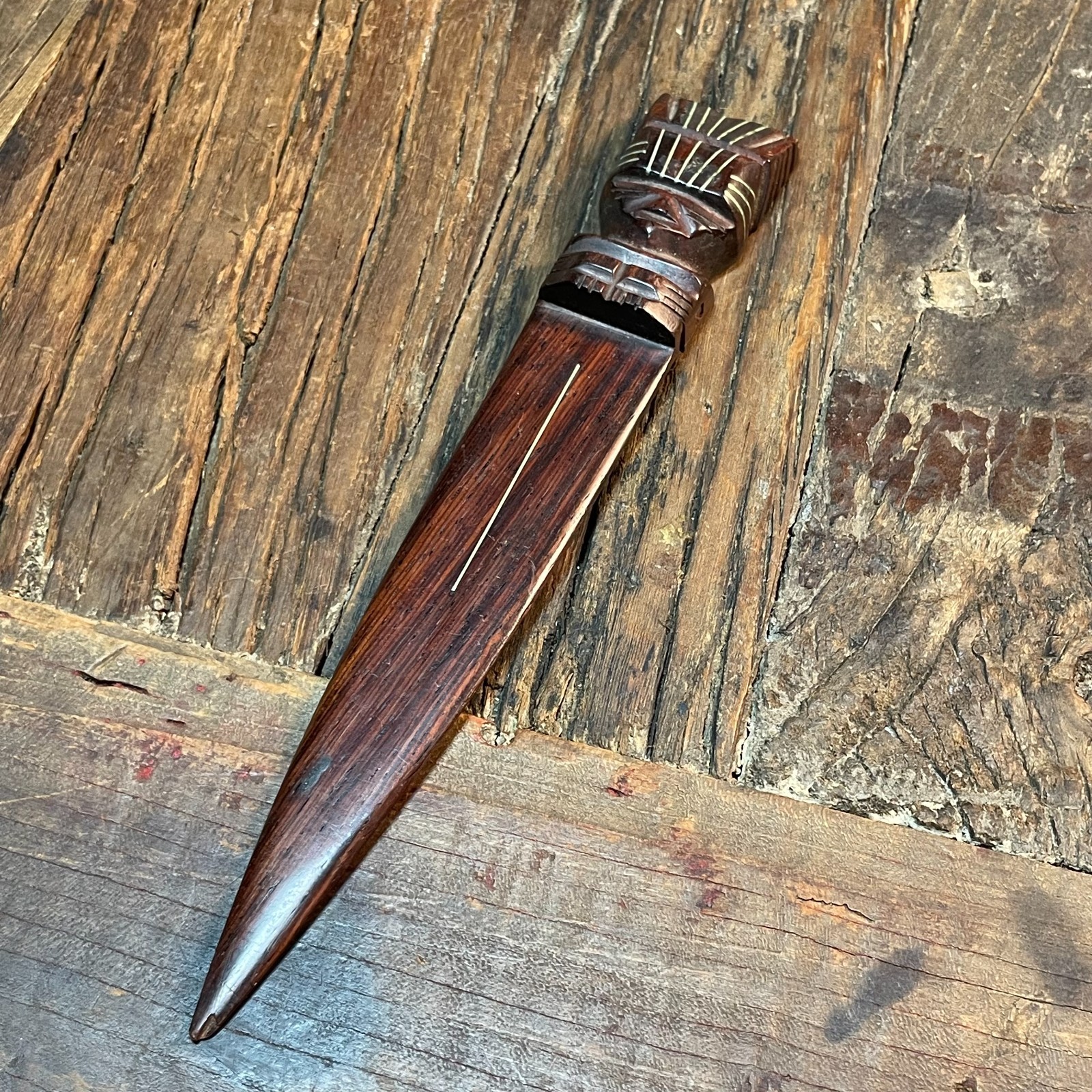 Vintage African Brown Hand Carved Wood Letter Opener Sword Dagger Knife 7.5"